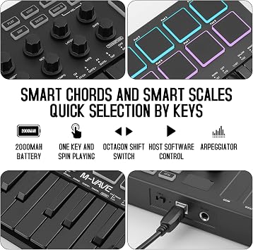 M-VAVE 25 Key USB MIDI Keyboard Controller With 8 Backlit Drum Pads, Bluetooth Semi Weighted Professional dynamic keybed 8 Knobs and Music Production,Software Included (Black)