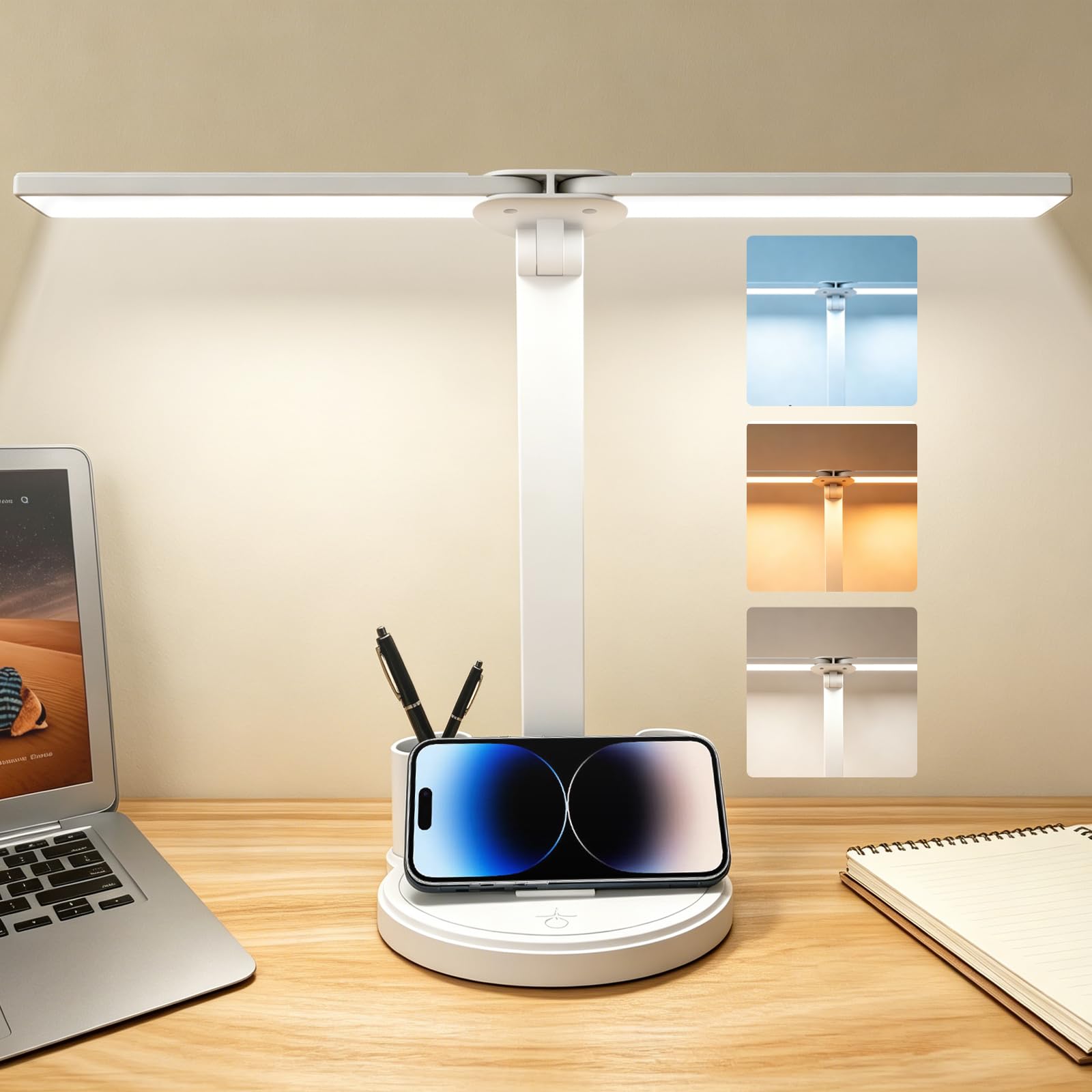 Zensun LED Desk Lamp for Home Office Bedroom, Battery Operated Dimmable Table Lamp with Pen Holder, 3 Color Modes, Small, Dimmable, Rechargeable, Phone Mount, Touch Control