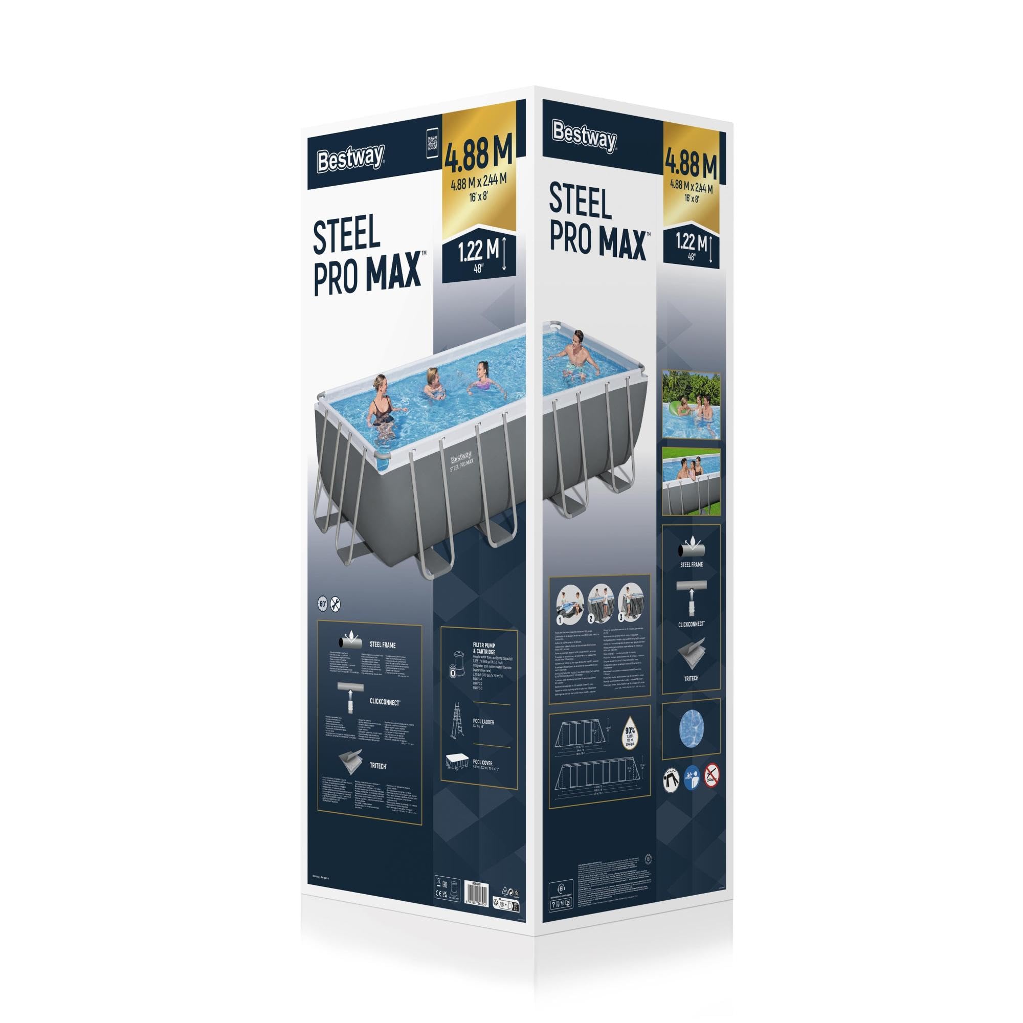 Bestway - Piscine Hors Sol Steel Pro Max, Filtre à Cartouche, bâche, échelle - 488 cm x 244 cm x 122 cm - Gris foncé