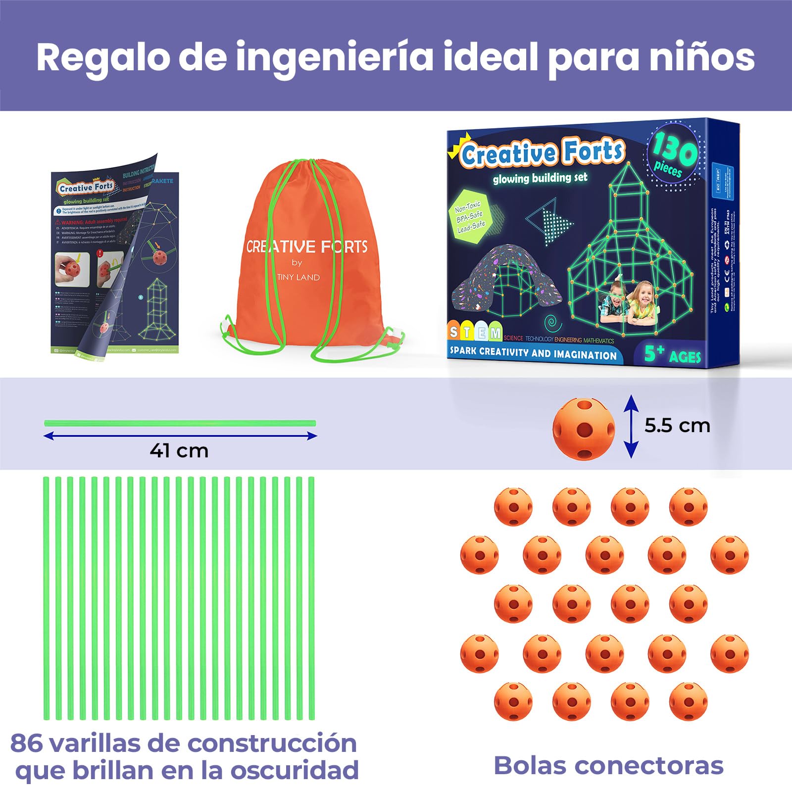 Tiny Land 130 Piezas Kit Construccion Fuertes - Brillan en La Oscuridad | Creative Fort Toy para Niños y Niñas de 5+ Años, Juguetes de Construcción Stem, DIY Kit Castillos Túneles Tienda Cabañas
