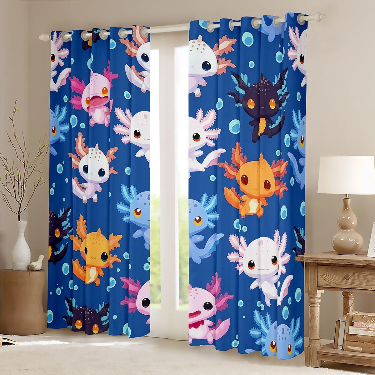 Homemissing Simpatiche tende Axolotl per camera da letto e soggiorno, stile kawaii, oceano marino, oscuranti, tende oscuranti con salamandra, 2 pannelli, 132 x 228 cm (larghezza x lunghezza)