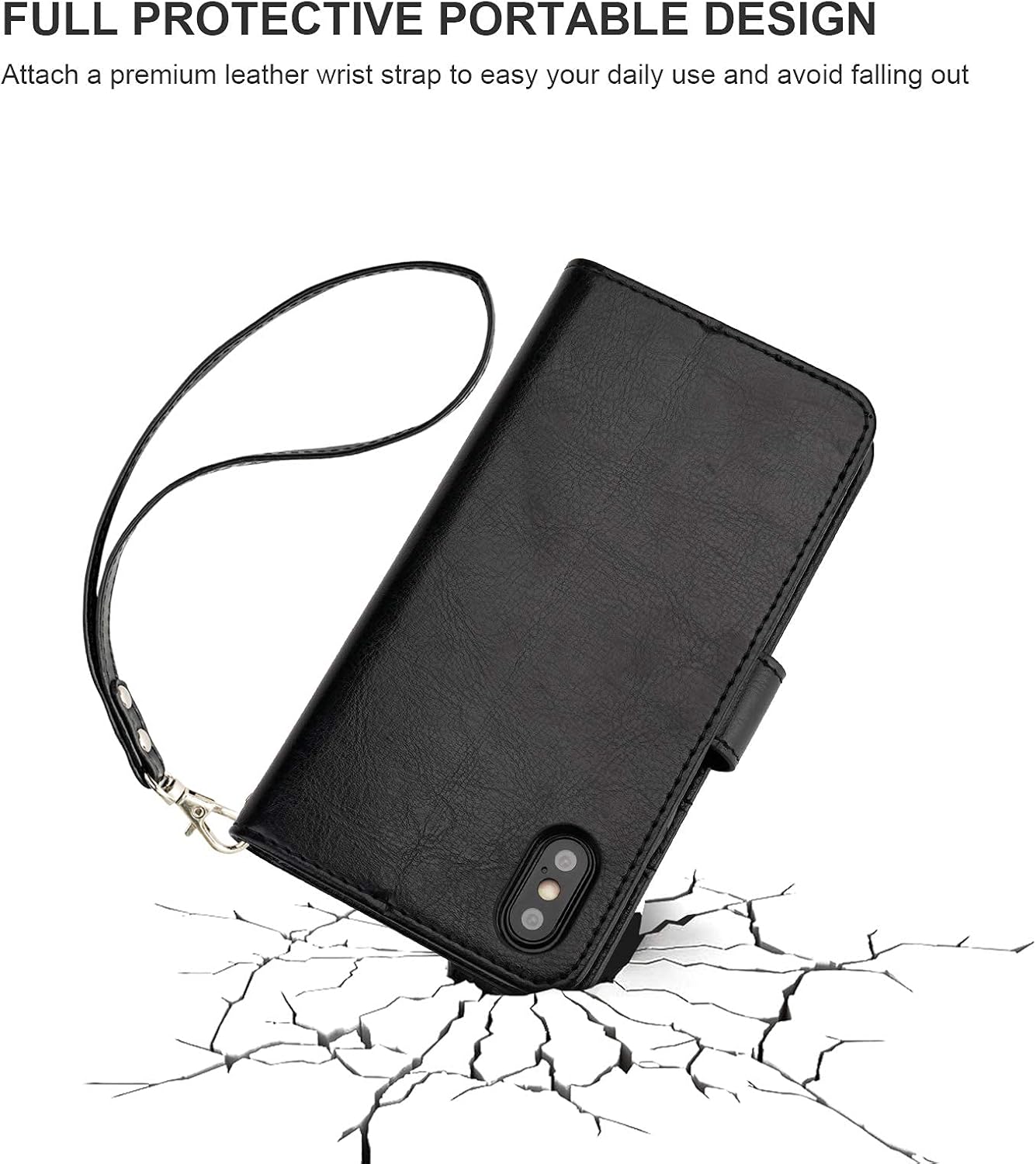 Bocasal for iPhone Xs/X Wallet Case with Card Holder PU Leather Magnetic Detachable Kickstand Shockproof Wrist Strap Removable Flip Cover for iPhone Xs for iPhone X 5.8 inch (Black)