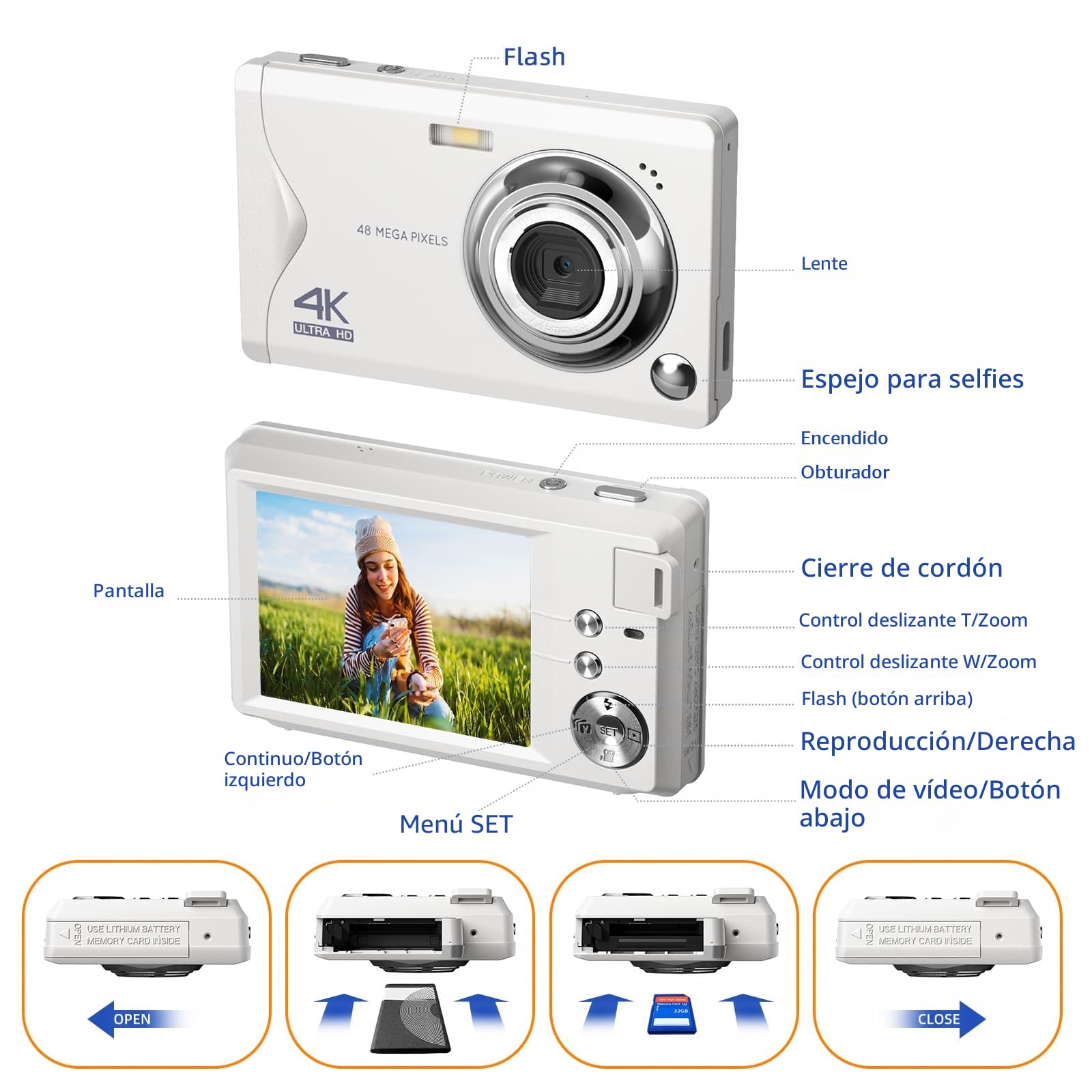 Cámara Digital CCN, 48MP 1080P FHD Cámara de Fotos con Pantalla de 3.0 Pulgadas, 16X Zoom Digital Cámara Compacta Portátil con 32GB Tarjeta TF, Cable USB, para Adolescentes Niños Adultos, Blanco
