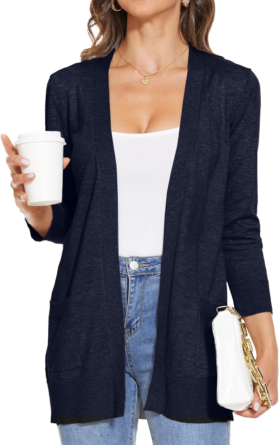 INKOFF Women's 3/4 Sleeve Cardigan Sweater Open Front Knit with Pockets Rib Hem Casual S-XXL - Image 4