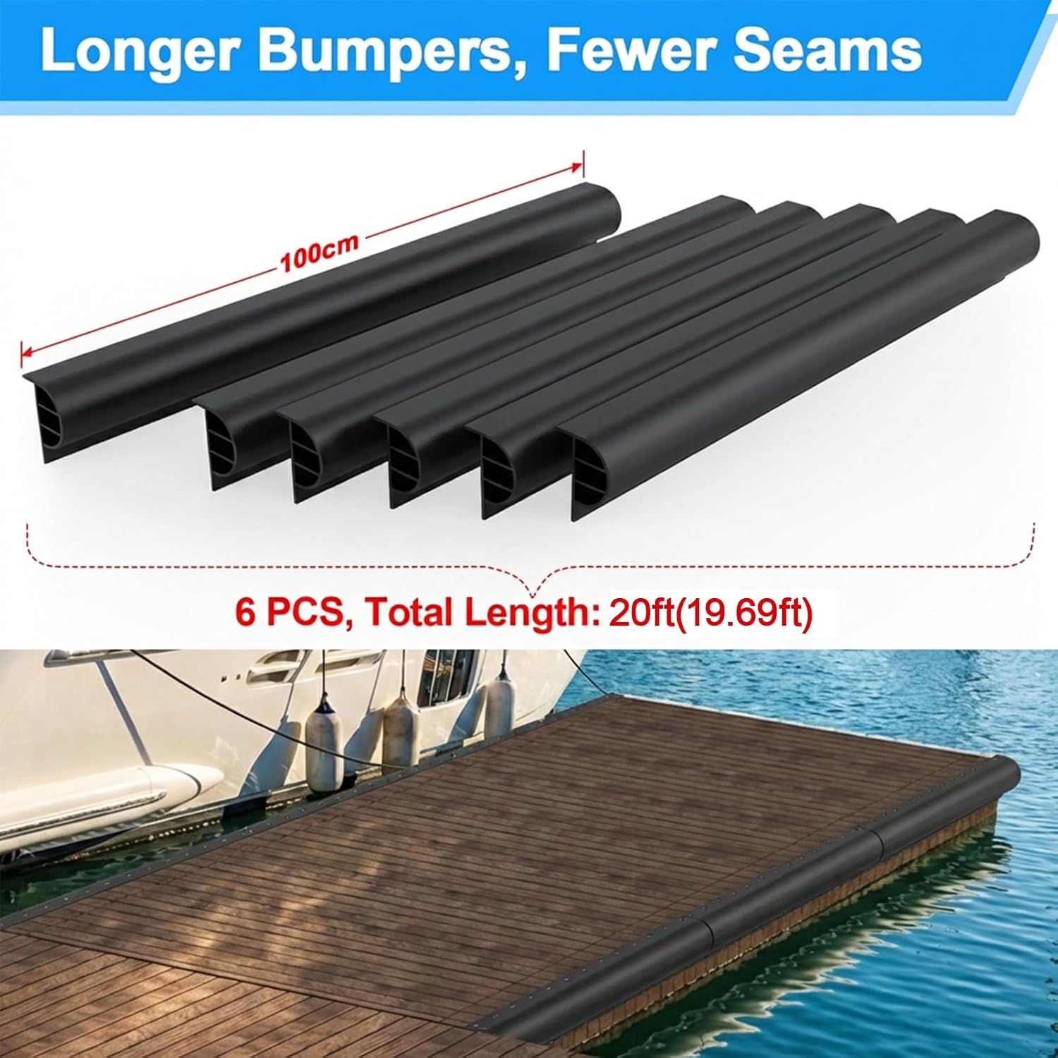 fuqun p-profile dock bumpers, 2.8/10/20 ft heavy-wall epdm rubber docking fender for straight & side protection, wider & thicker dock edging bumper with 304 stailess steel screws & drill bit black 20 ft