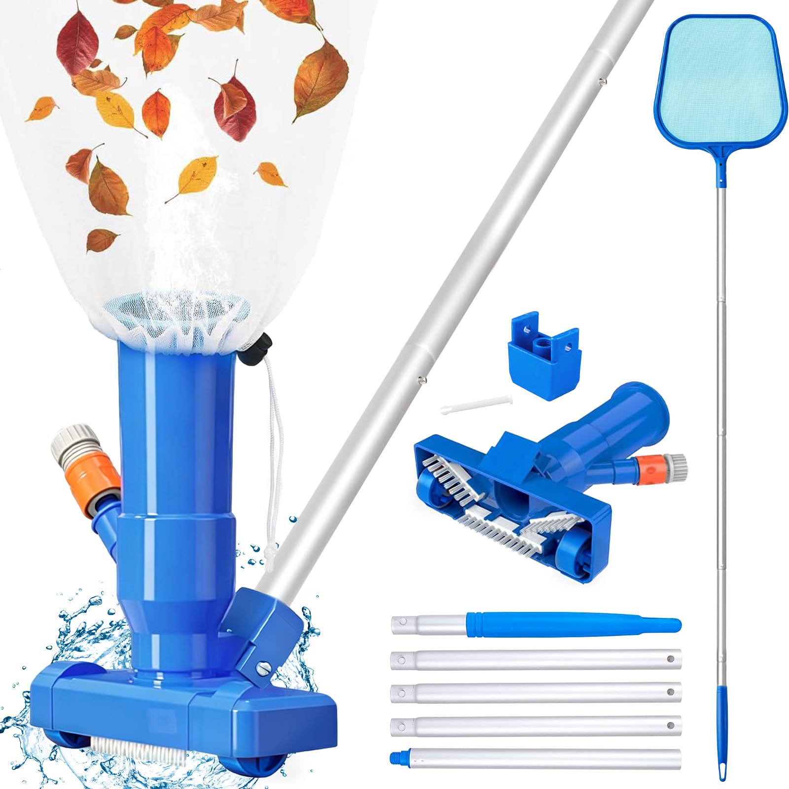 Pool Vacuum Cleaner Portable Swimming Pool Pond Spa Jet Vacuum Cleaning with 5 Pole Section Bag Fish net for Swimming Pool Pond Fountain Cleaning Leaves Dirt and Sand