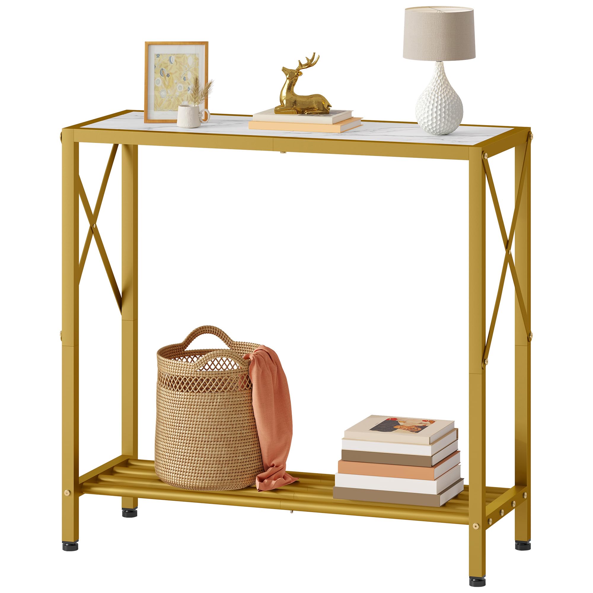 Tajsoon Eingangstisch, 2-stufiger Kleiner Konsolentisch mit Ablagen für Flur, Wohnzimmer, Korridor, Büro, Gold & Weiß