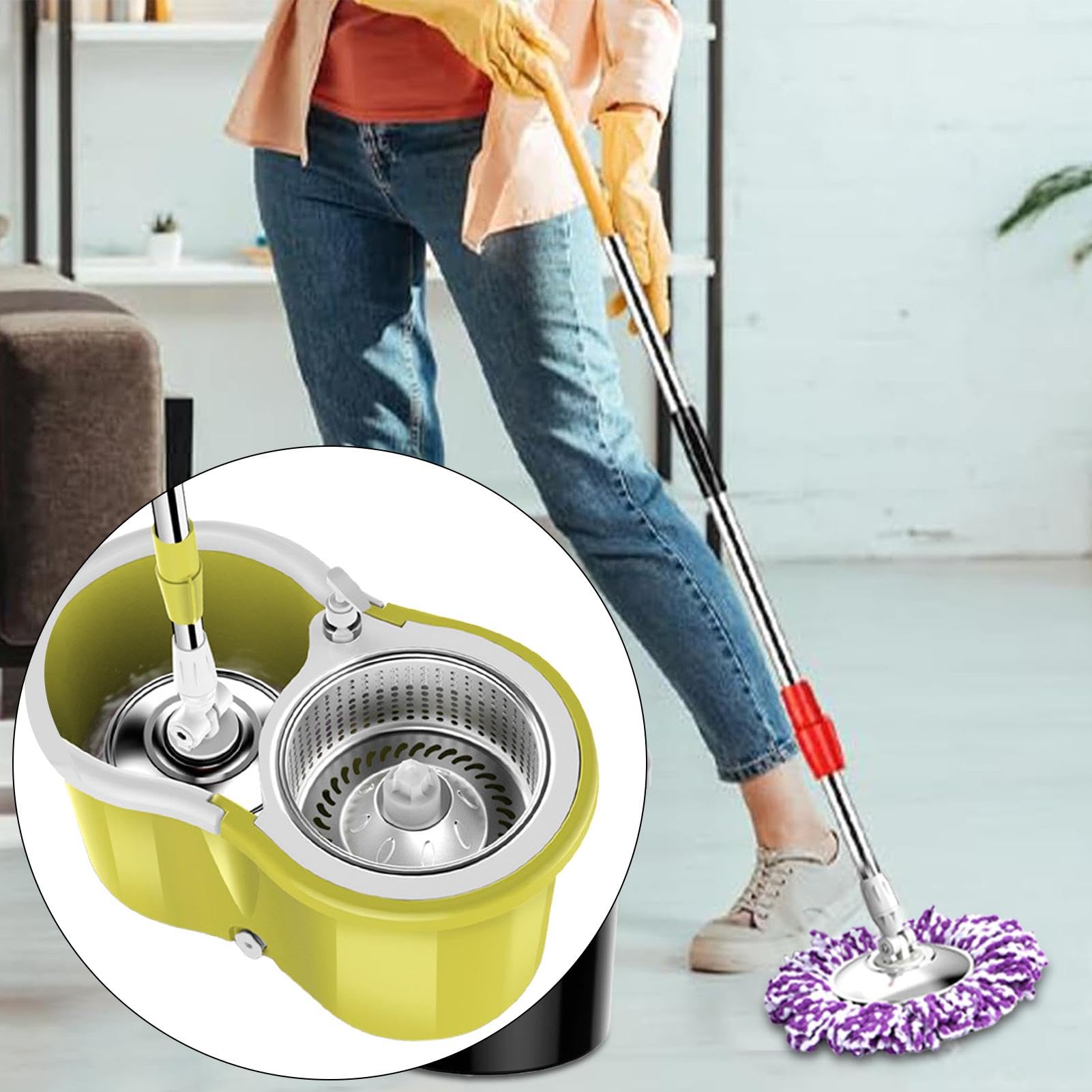 Juego de fregona y cubo, cubo de fregona con escurridor, de fregona ajustable de microfibra para limpieza de pisos | de limpieza de pisos versátil, juego de cubos de vad