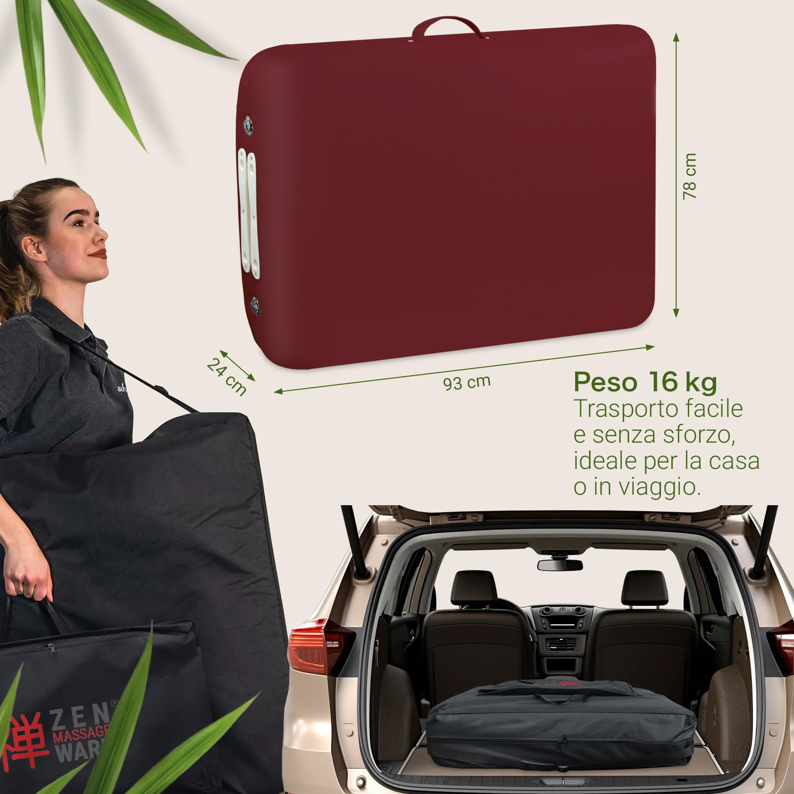 ZEN - Lettino massaggio Round Corner mobile pieghevole®olabile - Tavolino massaggio in legno angoli rotondi per massaggi attivi - Panchina massaggi con poggiatesta, braccioli e borsa (bordeaux)