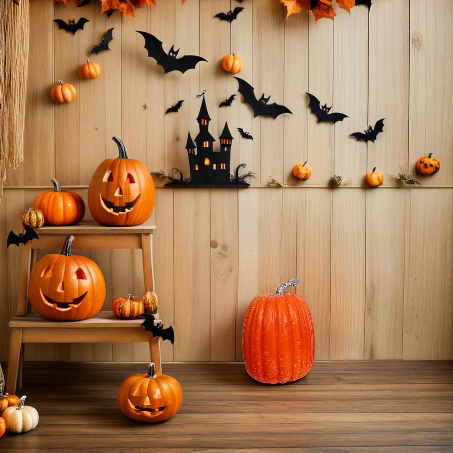 14pcs Artificial Foam Pumpkins Set, Realistic Mini Medium Large Orange Faux Pumpkins for Halloween Thanksgiving Fall Harvest Party Decorations