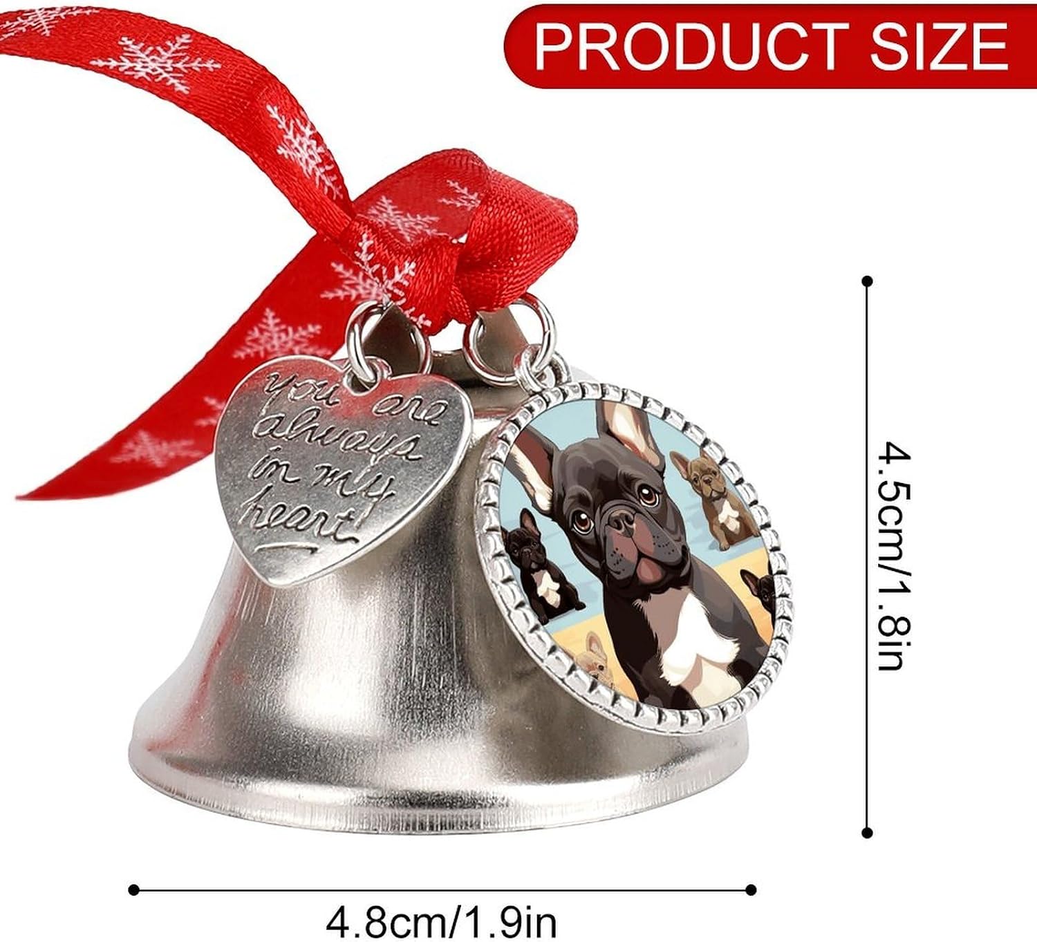 French Bulldog Dog Cute Bell Ornament Red Ribbon for Christmas Tree Holiday Decoration Personality Believe Bell Ornaments Sleigh Bells for Winter New Year Party Supplies