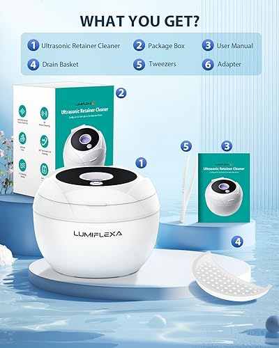 Miniatura 8 de Limpiador ultrasónico de retenedor 45 kHz y 4 modos de limpieza ultrasónica dental, cápsula de limpieza dental UV de 6.8 fl oz para alineadores,