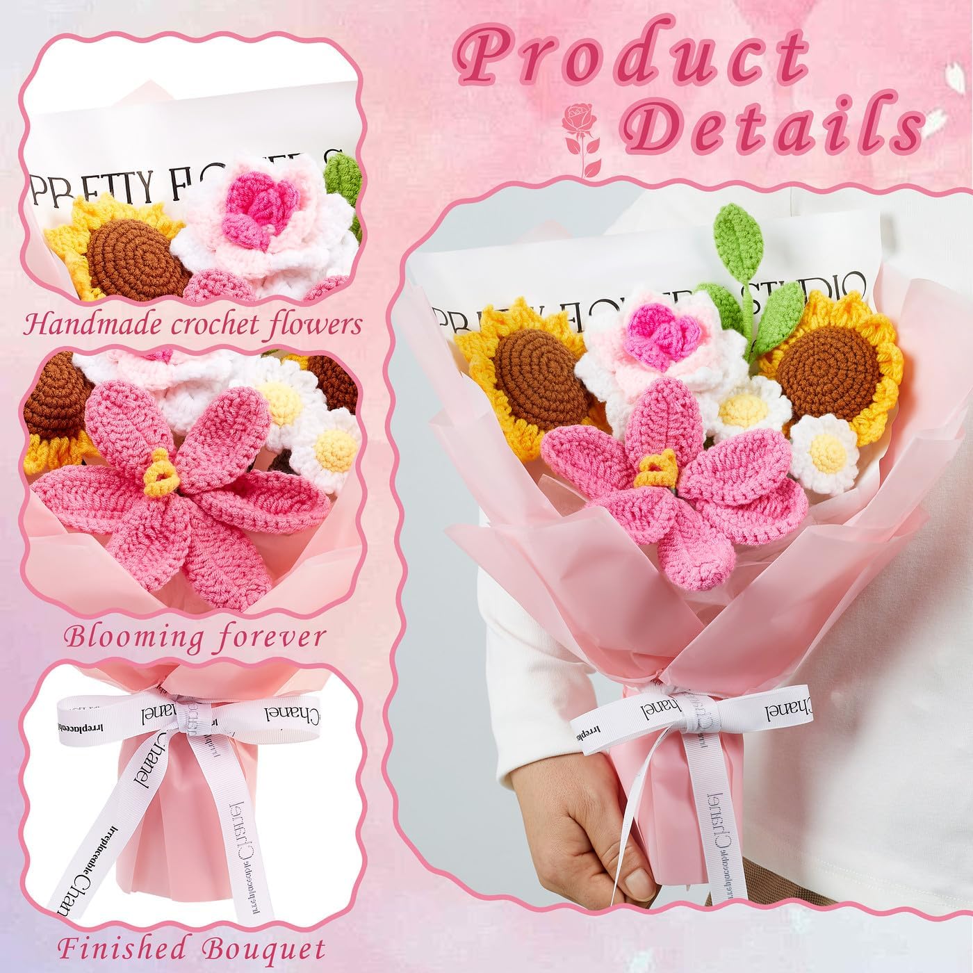 ZHIYUXI Pink Crochet Flower Bouquet Crochet Sunflowers Handmade Knitted Flower Bouquet for Wedding Anniversary Birthday Valentines Day Pink Gifts for Women