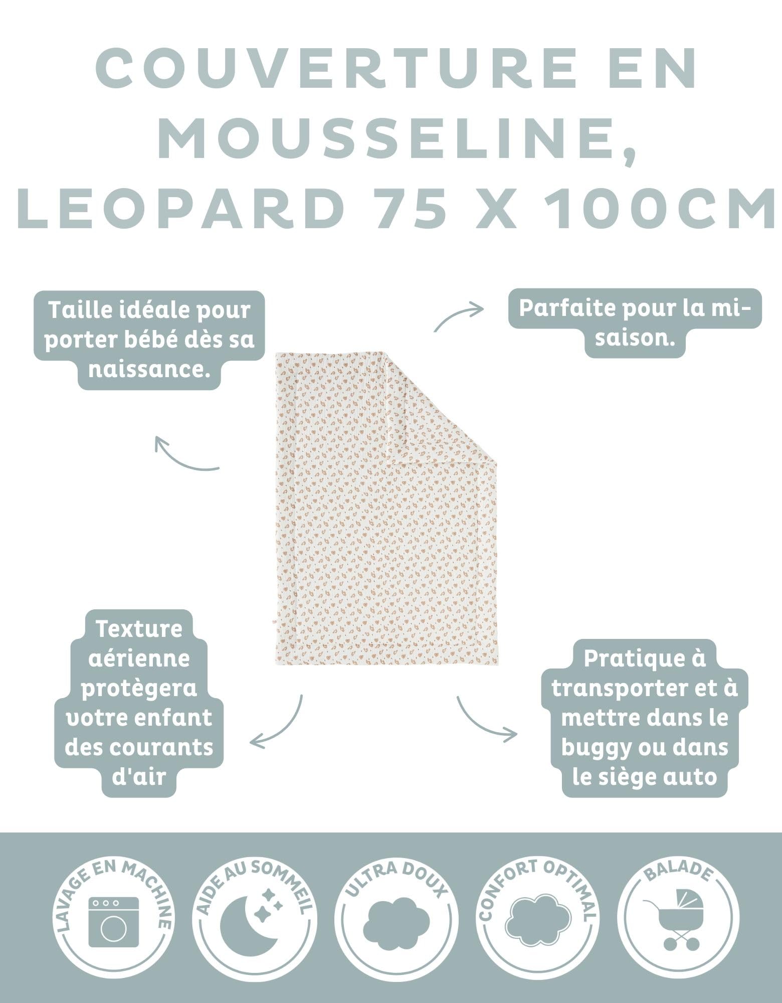 NOUKIE'S - Couverture Mousseline - Babou & Kendi - Léopard- Écru/terracotta - 75 x 100 cm
