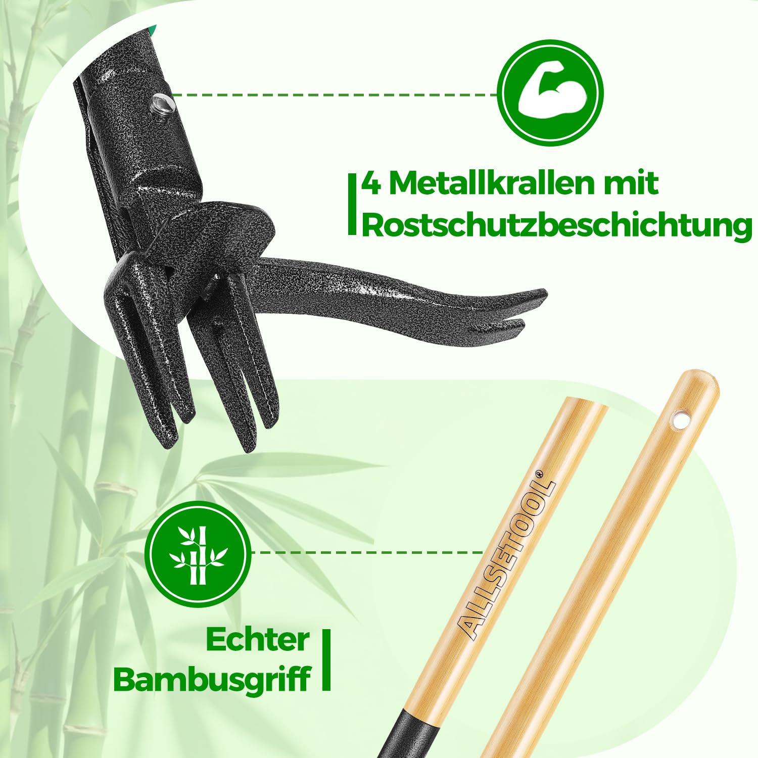 Unkrautstecher mit 2 Auswurffunktionen, 111cm Stiel Unkraut Entferner Gerät, Robuster Garten Löwenzahnstecher, Echtem Bambusgriff, 4 Metallkrallen und Antihaft-Fußpedal