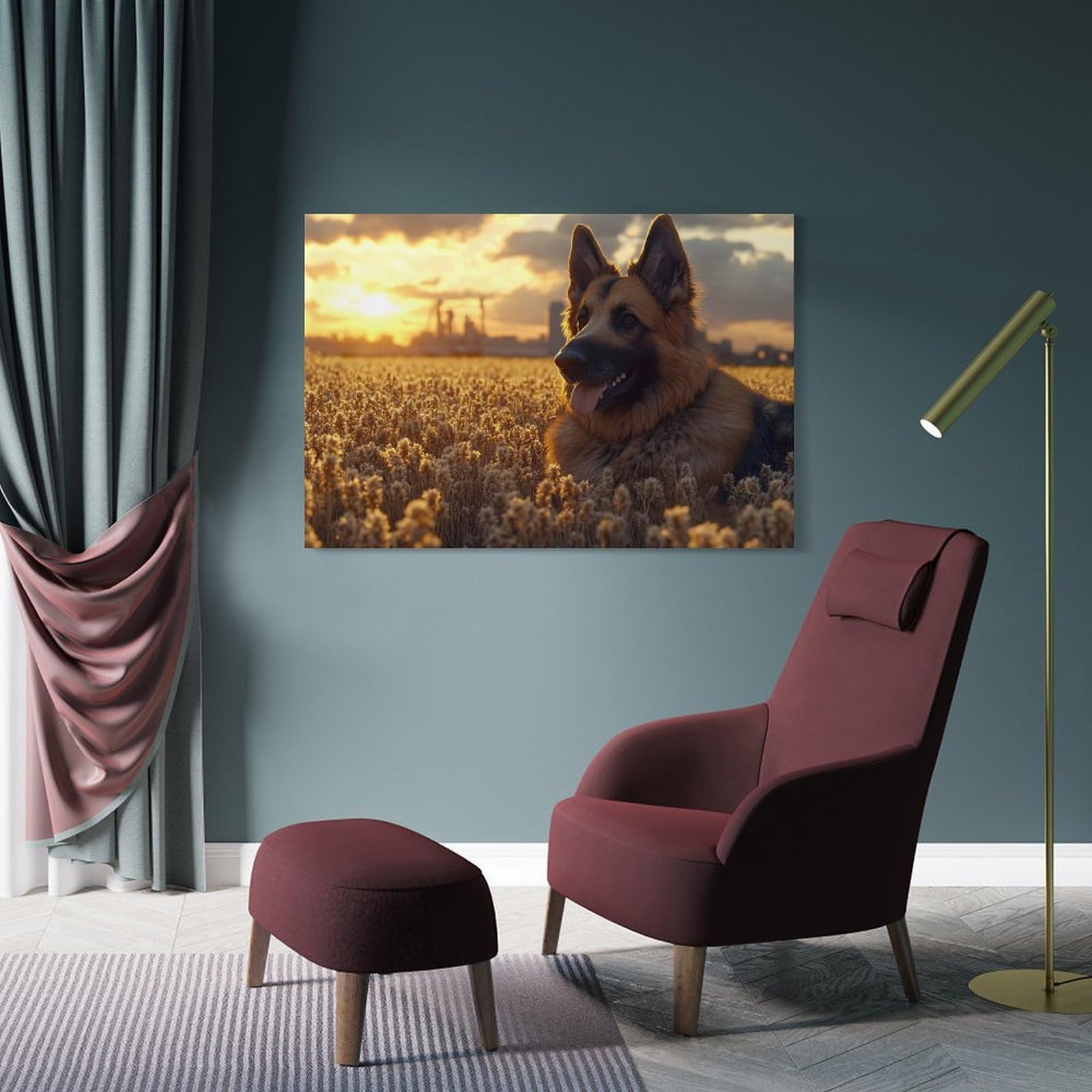 Junmoney German Shepherd in Golden Wheat Field Canvas Wall Decor, 24x36inch(60x90cm), for Gallery Wall Decor And Room Displays, Wall Decor Suited to Curated Displays
