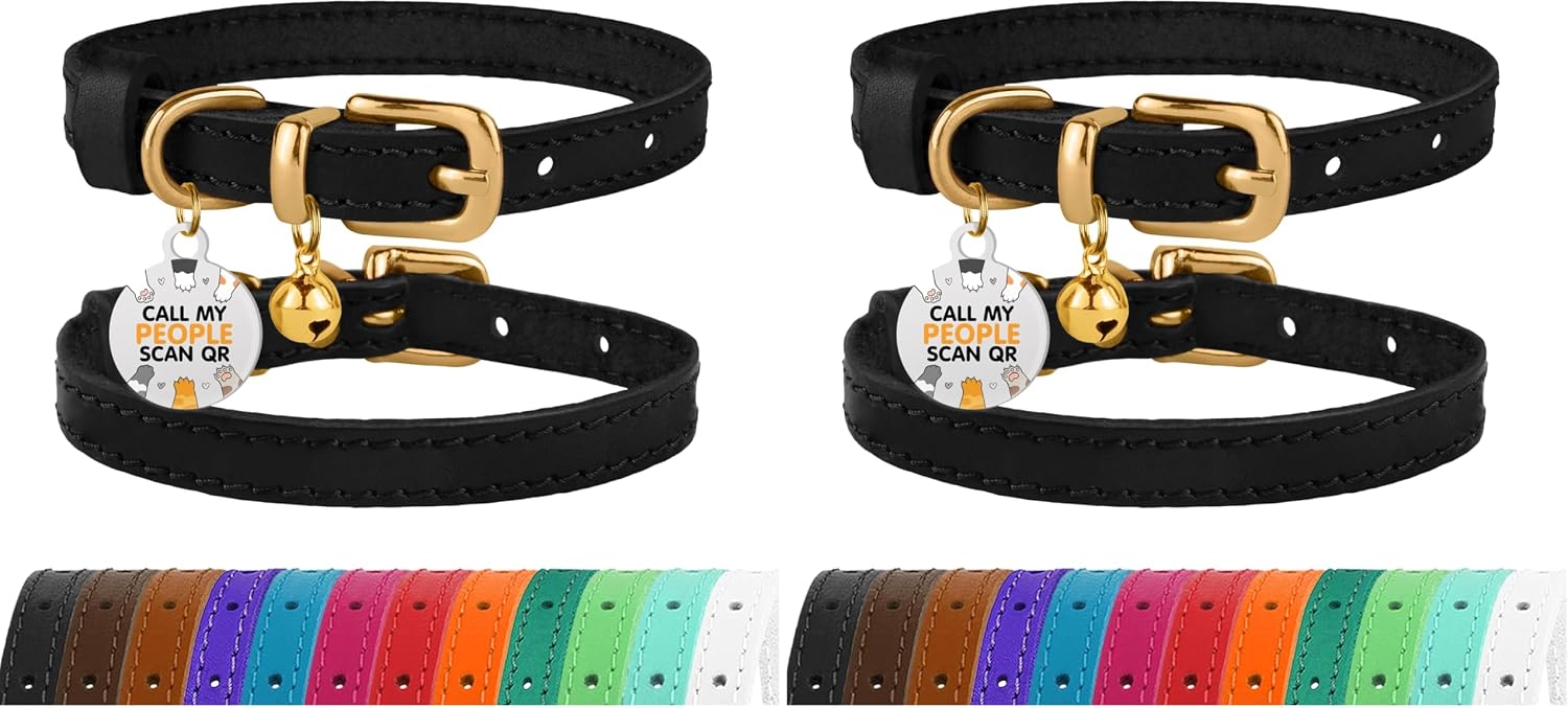 BRONZEDOG Leather Cat Collar with Removable Bells Non Breakaway Kitten QR Tag for Girl Boy (9" - 12" Cats/Mini Dogs, Black & Gold)