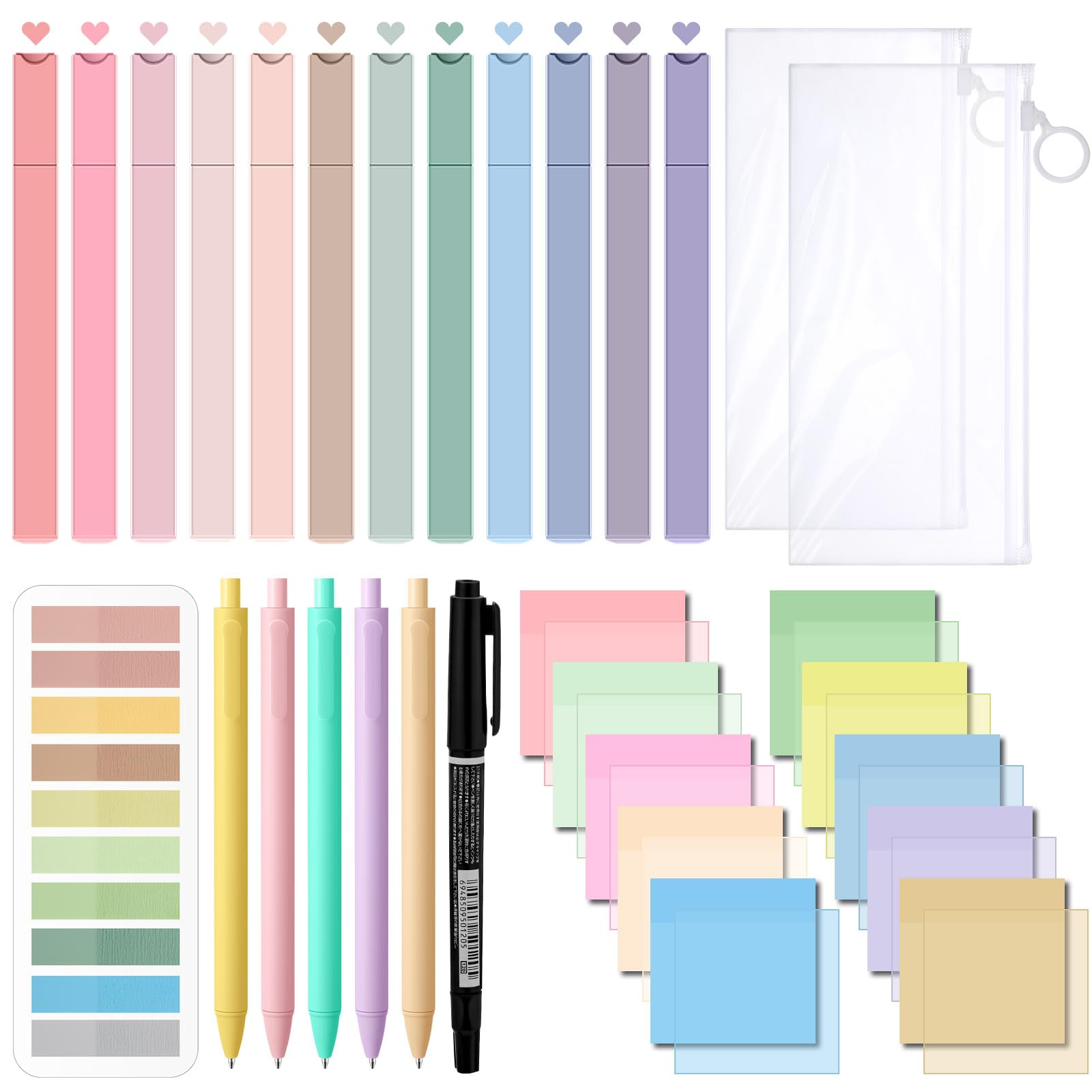 Jutom 38-teiliges Buch-Anmerkungs-Set, ästhetische Textmarker, Gelstifte, Haftnotizen, Marker, doppelseitiger Textmarker, schnell trocknende Tintenstifte für Büroanmerkungen, Bücher (Pastellfarbe,
