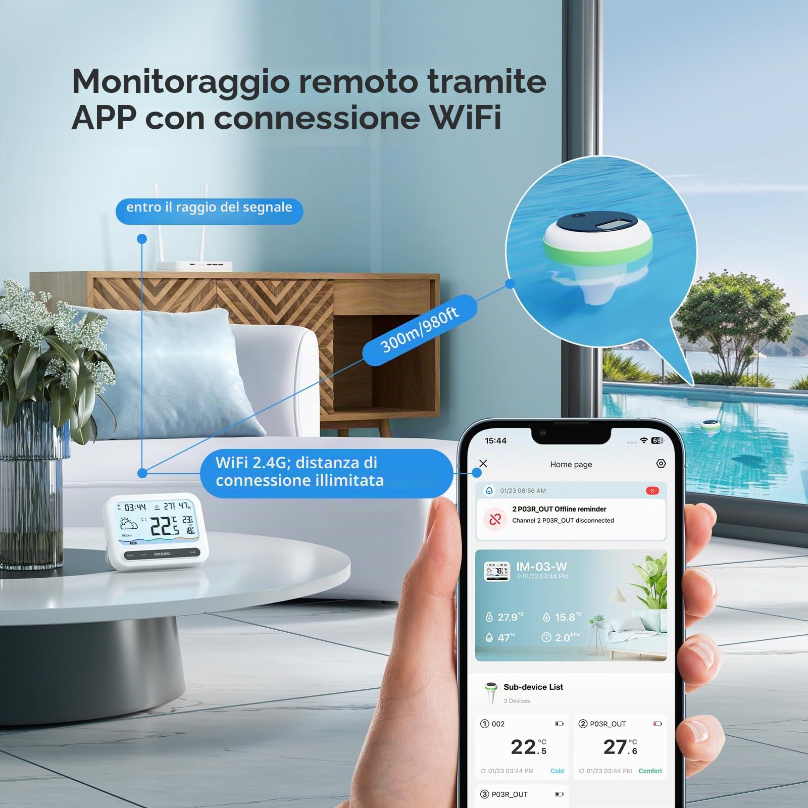 Inkbird Solar Termometro Piscina WiFi, IBS-P03R Termometro Piscina Galleggiante con Gateway IM-03-W, Impermeabile IP68, Esportazione Dati, Controllo App, Monitor Temperatura per Piscine, Spa, Stagni