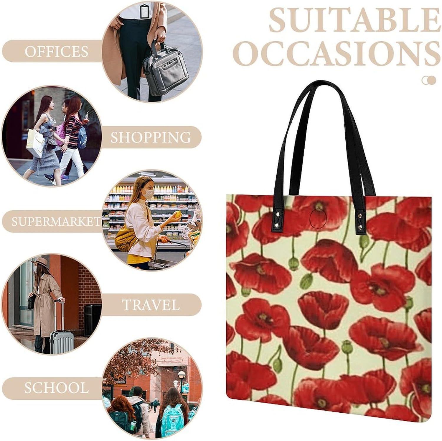 Red Flower Tote Bag with Magnetic Buckle Reusable Grocery Bags Lightweight Cross Body Handbag for Daily Essentials