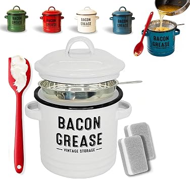 2026 Upgraded Enamel Bacon Grease Container with Stainless Steel Strainer, Food-Grade Silicone Scraper & Leak-Proof Lid   Large-Capacity, Splatter-Free Fat Storage Jar for Cooking, Baking A