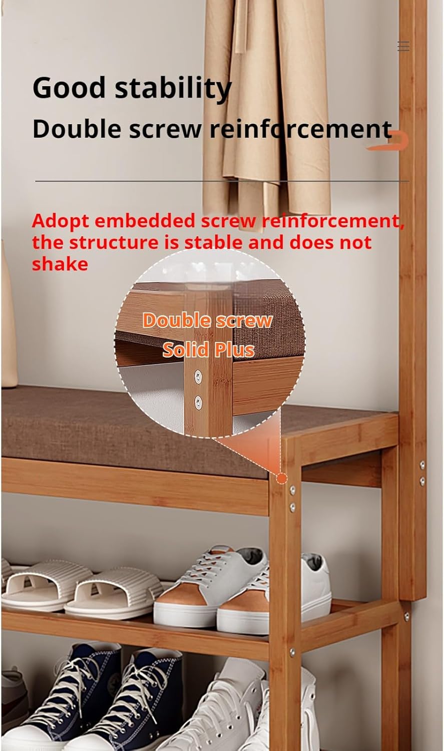 3-in-1 Bamboo Hall Tree with Bench and Shoe Rack, Narrow Wooden Coat Rack with Hooks & Double Storage Shelf, Entryway Storage nizer, Brown, Perfect for Hallway