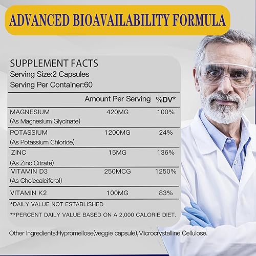 Miniatura 4 de Suplemento de potasio y magnesio, magnesio y potasio y zinc con vitamina D3 y K2, apoyo inmunológico para mujeres y hombres, absorción mejorada, sin
