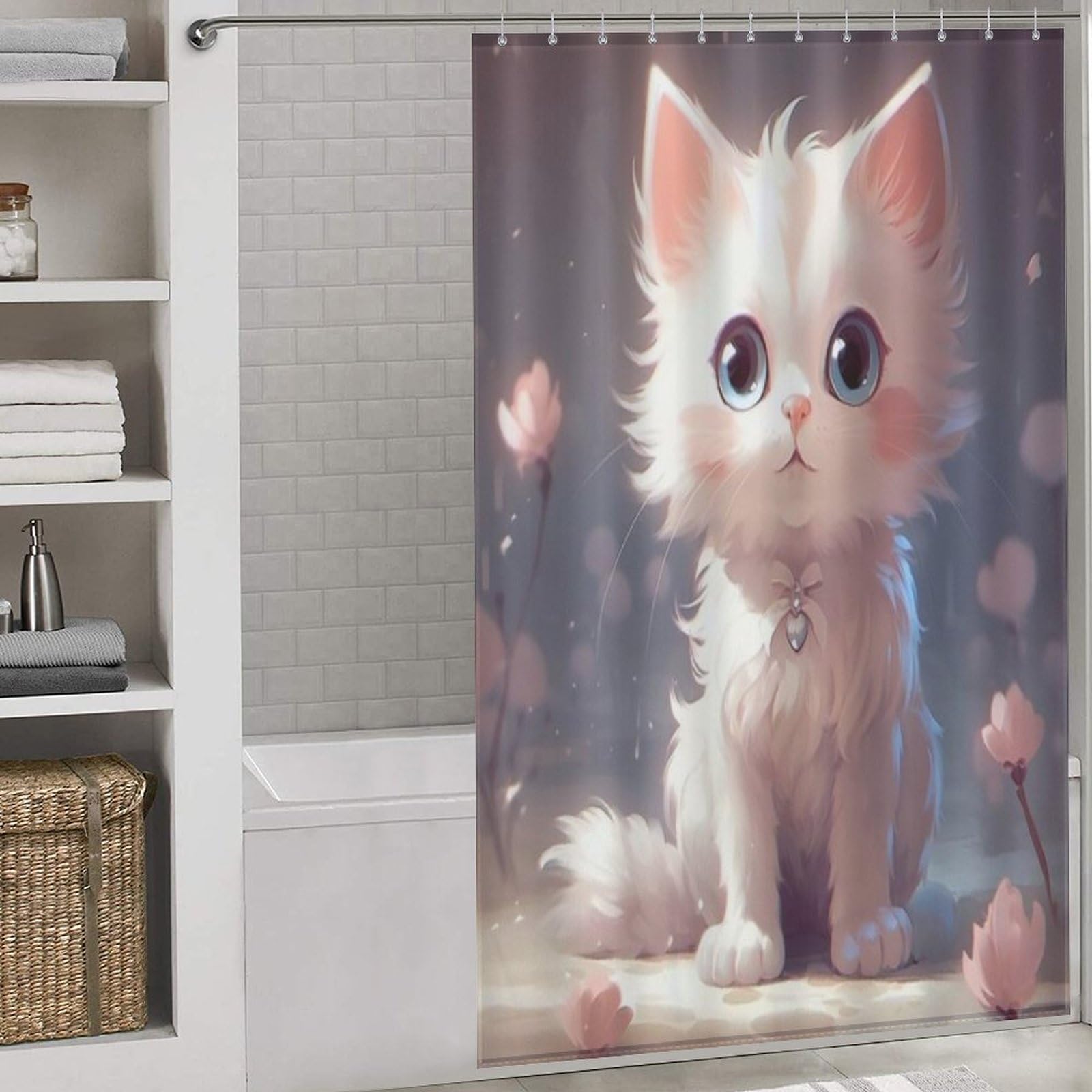 Rideau de douche chat mignon imperméable 140x183cm avec crochets