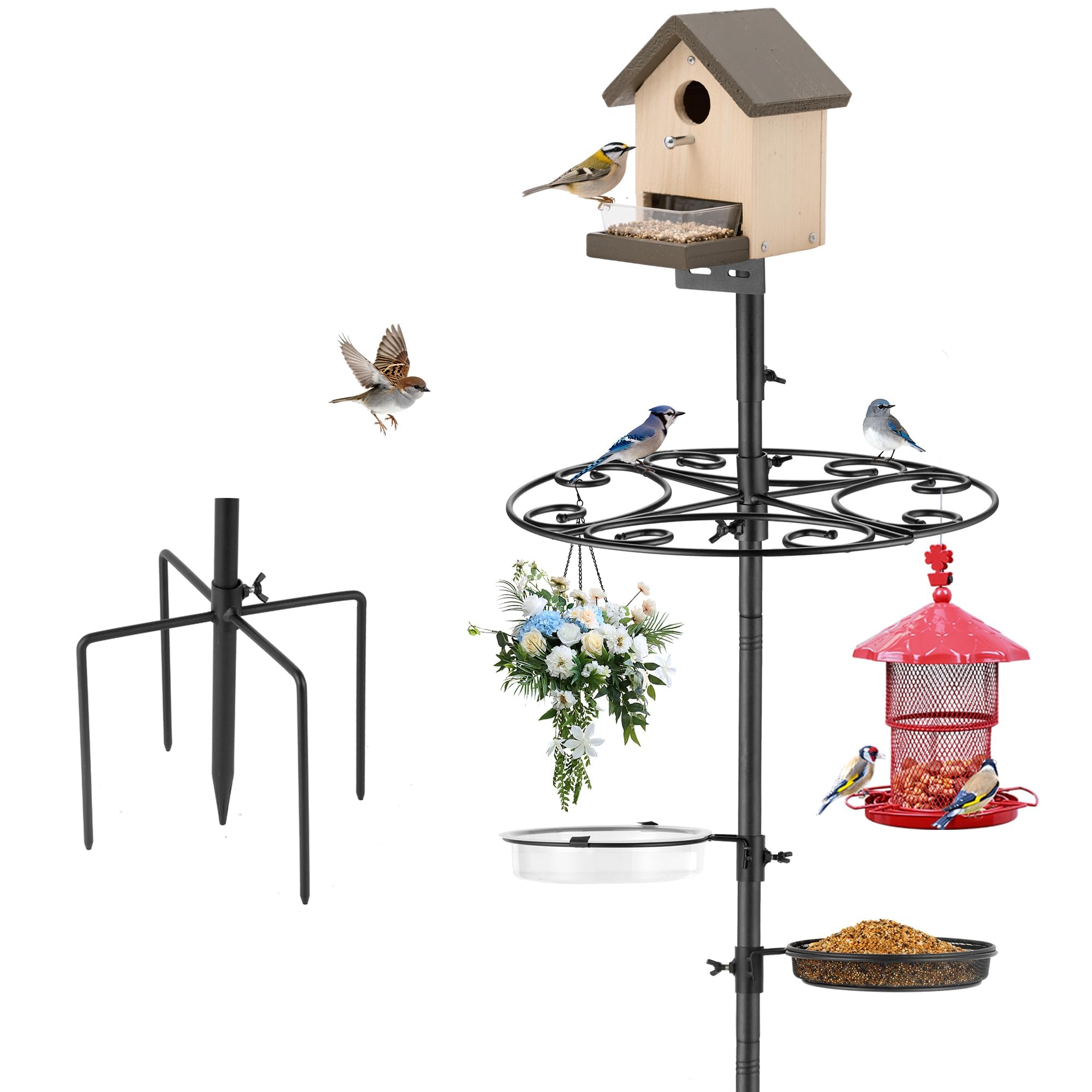 MIXXIDEA Vogelfutterstation, Vogelfutterstange mit 5-Zinken-Basis, Haken zum Aufhängen, Wasserbad, Netzschale, windabweisender Wassernapf mit Metall-Druckknopfverschluss für den Außenbereich, um Vögel
