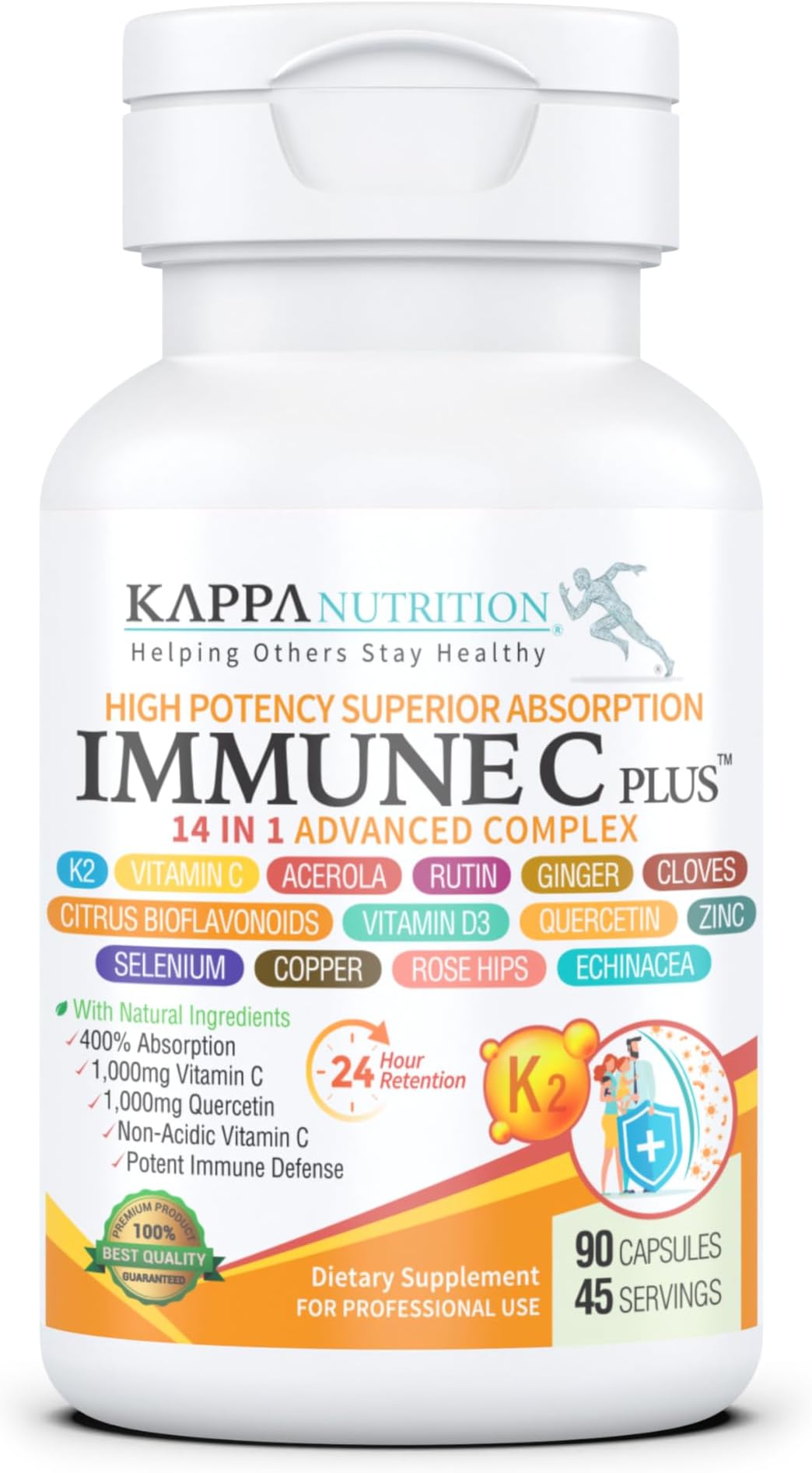 Quercetin 1,000mg, Vitamin C 1,000mg, Zinc 50mg, Vitamin D3 5,000iu, Selenium, Copper, Acerola, Ginger, Rutin, Bitter Orange, Rose Hips, Echinacea, Immune C Plus, 14 in 1 Immune C Plus (90 Count)