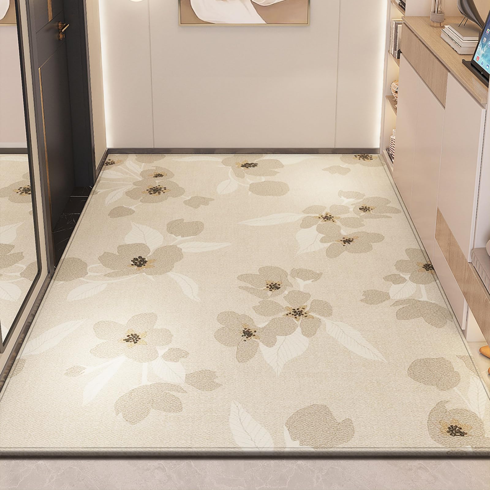 Felpudo Entrada Casa 90x150 Flor Gris Beige Felpudo Exterior Antideslizante Lavable Felpudos para Pasillo Cocina Puerta Jardín Decoración Alfombrilla para Entrada