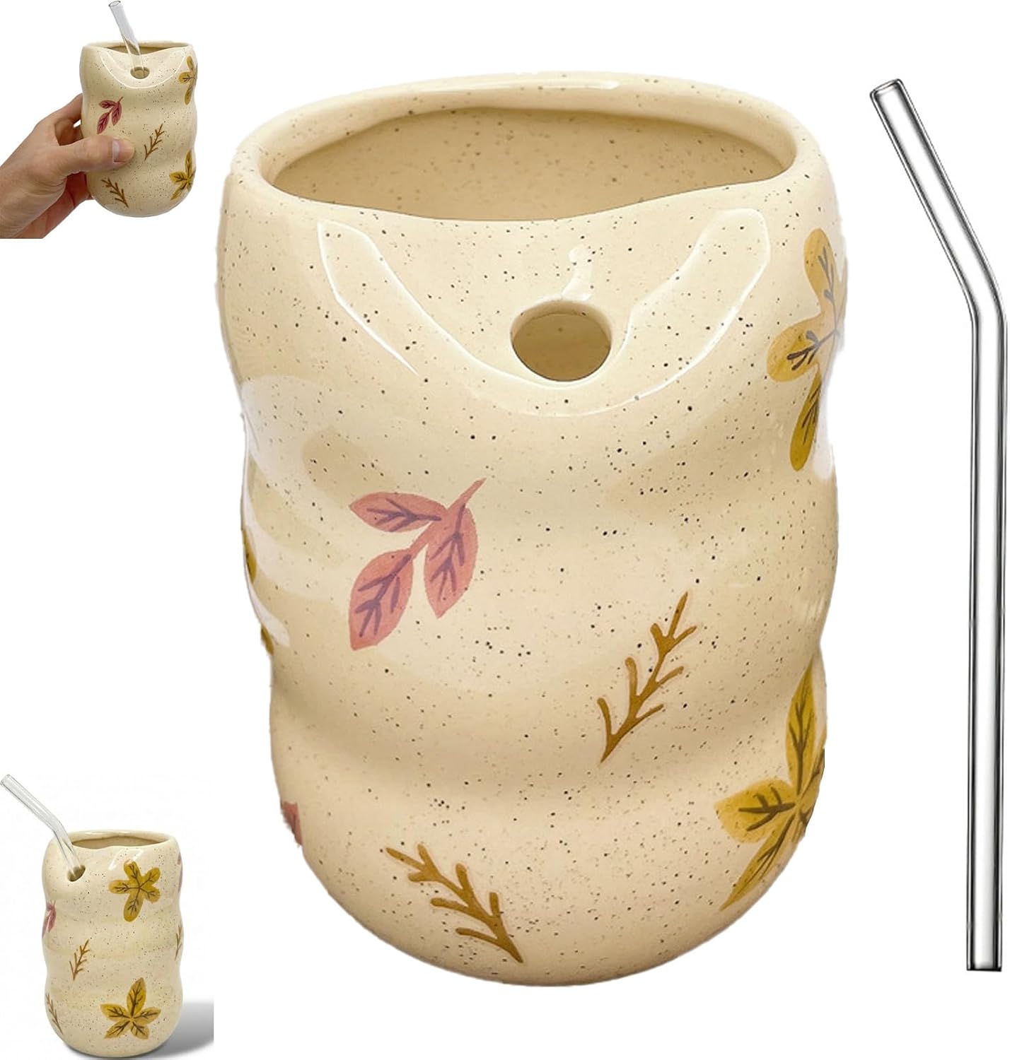 Ceramic Coffee Mug with Sip Hole, 13.5 oz Handmade Pottery Mug No-Handle,Novelty Modern Espresso Cup with Glass Straw,with Timber Design for Kitchen Dining Tea Milk Birthday Gift for Women (Leaves)