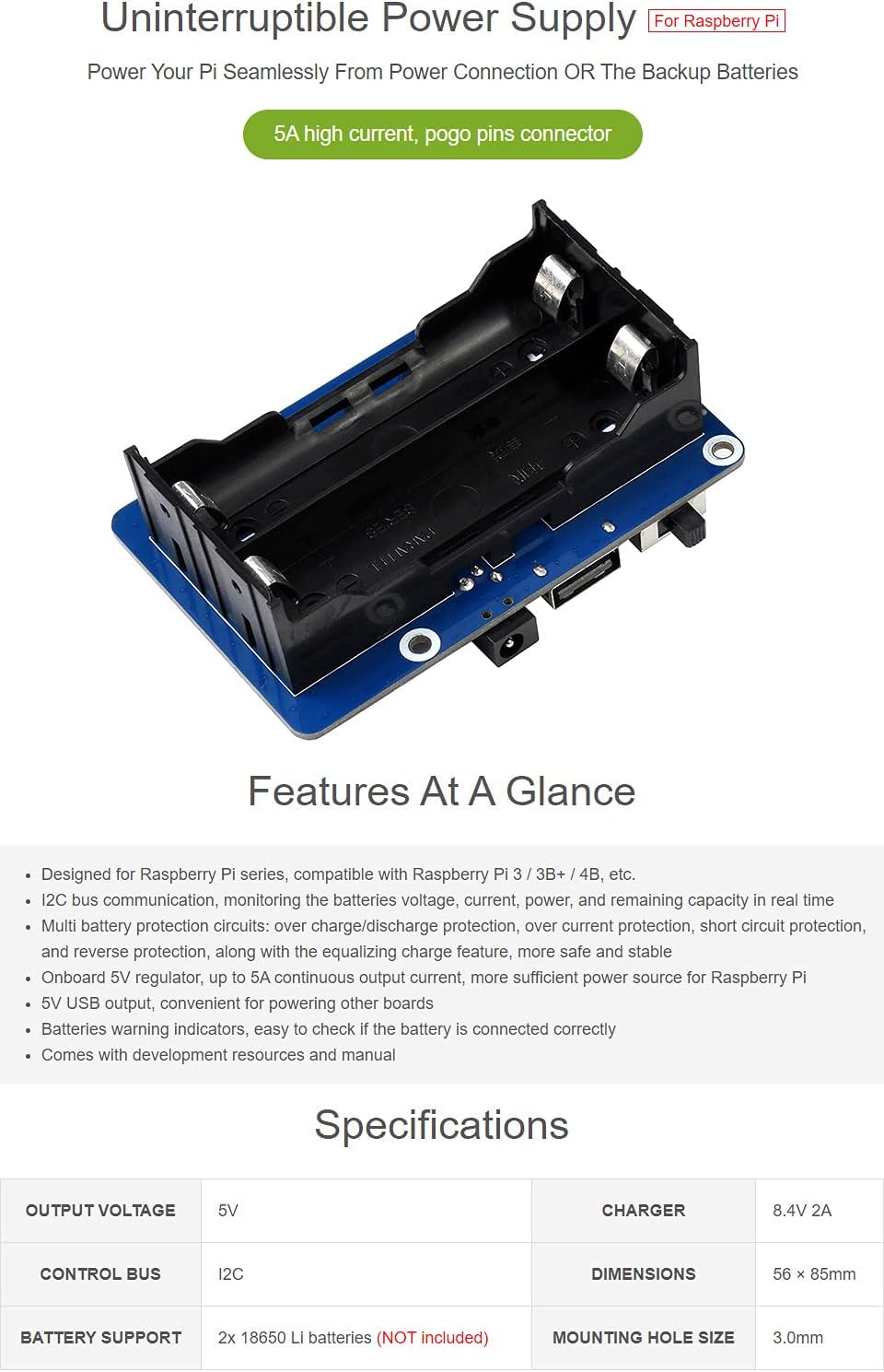 Waveshare UPS HAT (B) for Raspberry Pi 5V Uninterruptible Power Supply 5A High Current with Pogo Pins Connector