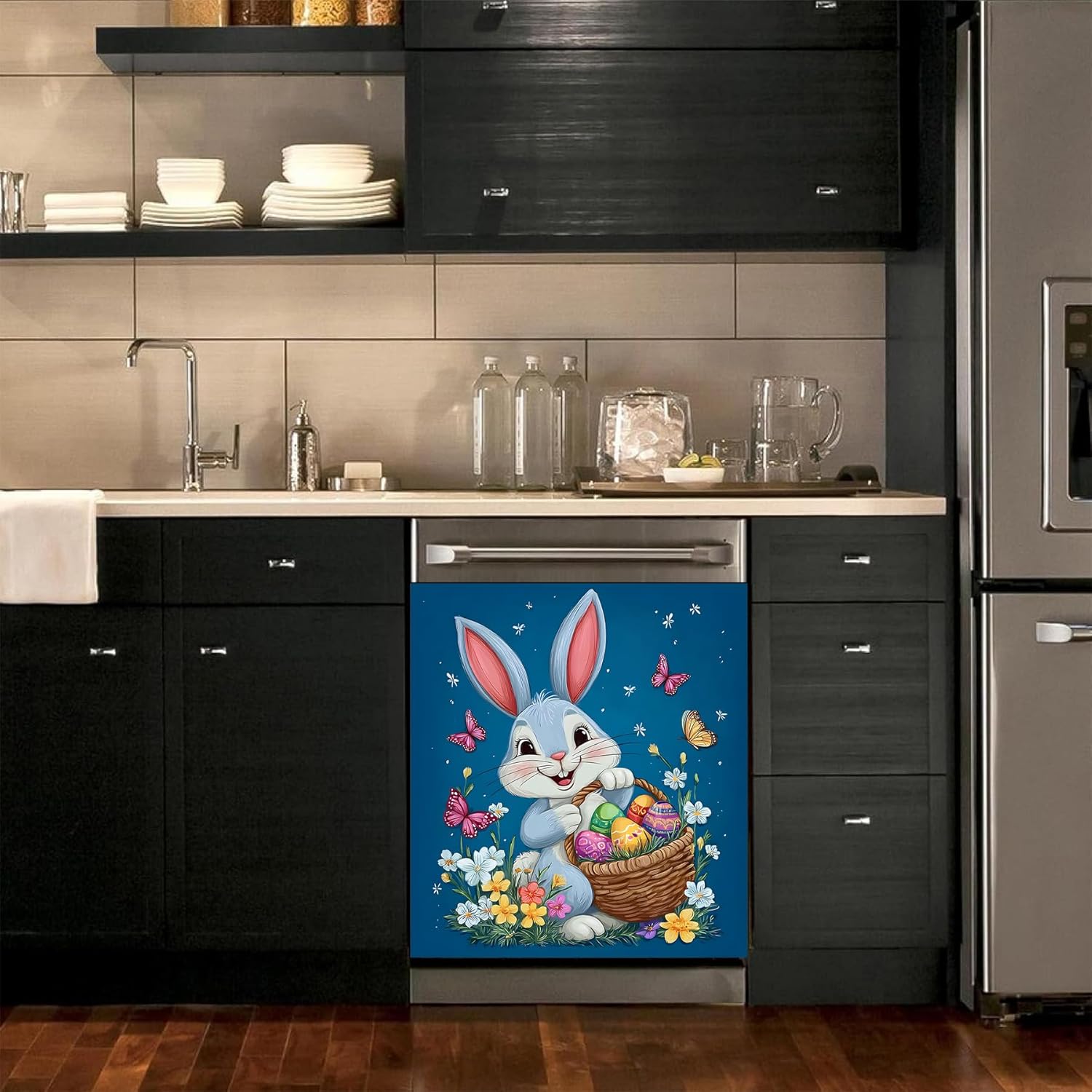 BVBOX Dishwasher Magnet Cover 23"x26" Reusable Magnetic Refrigerator Covers Dishwasher Magnets Decorative Cover Fridge Door Skin Panel Stickers (Rabbit Flower Basket, 23" W x 26" H)