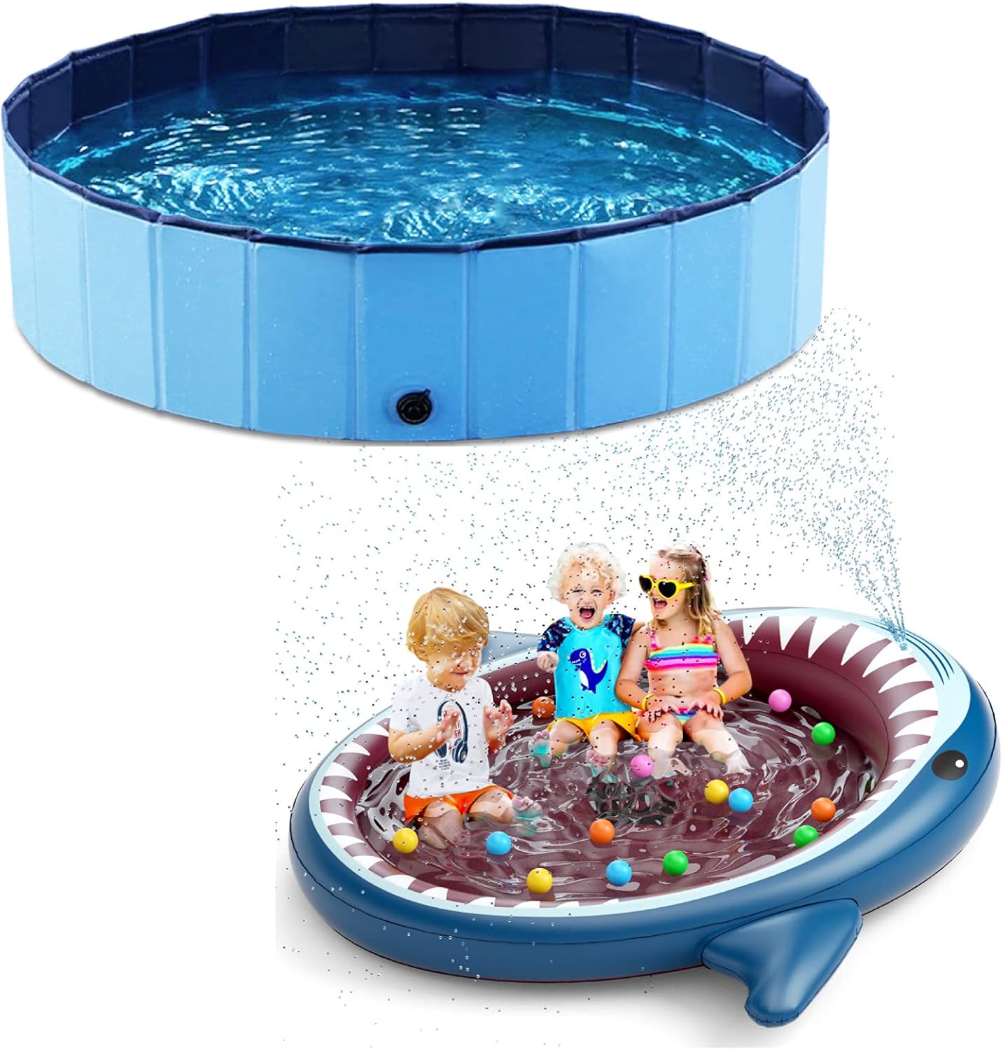 Jasonwell Foldable Dog Pool Inflatable Kiddie Pool Sprinkler: Shark Splash Pad for Kids Toddlers
