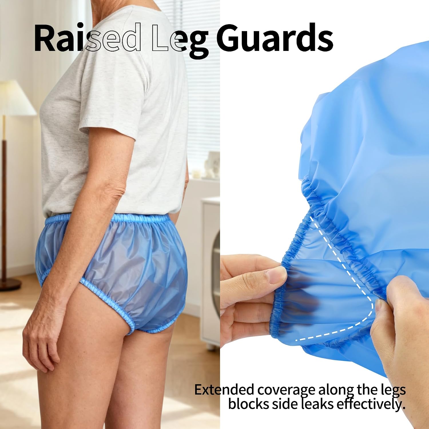 2 Pack Adult Incontinence Pants TPU Waterproof Diaper Cover, Plastic Pants for Adults with Side Leakage Protection, Reusable Rubber Pants Plastic Underwear for Men & Women (Blue, M)