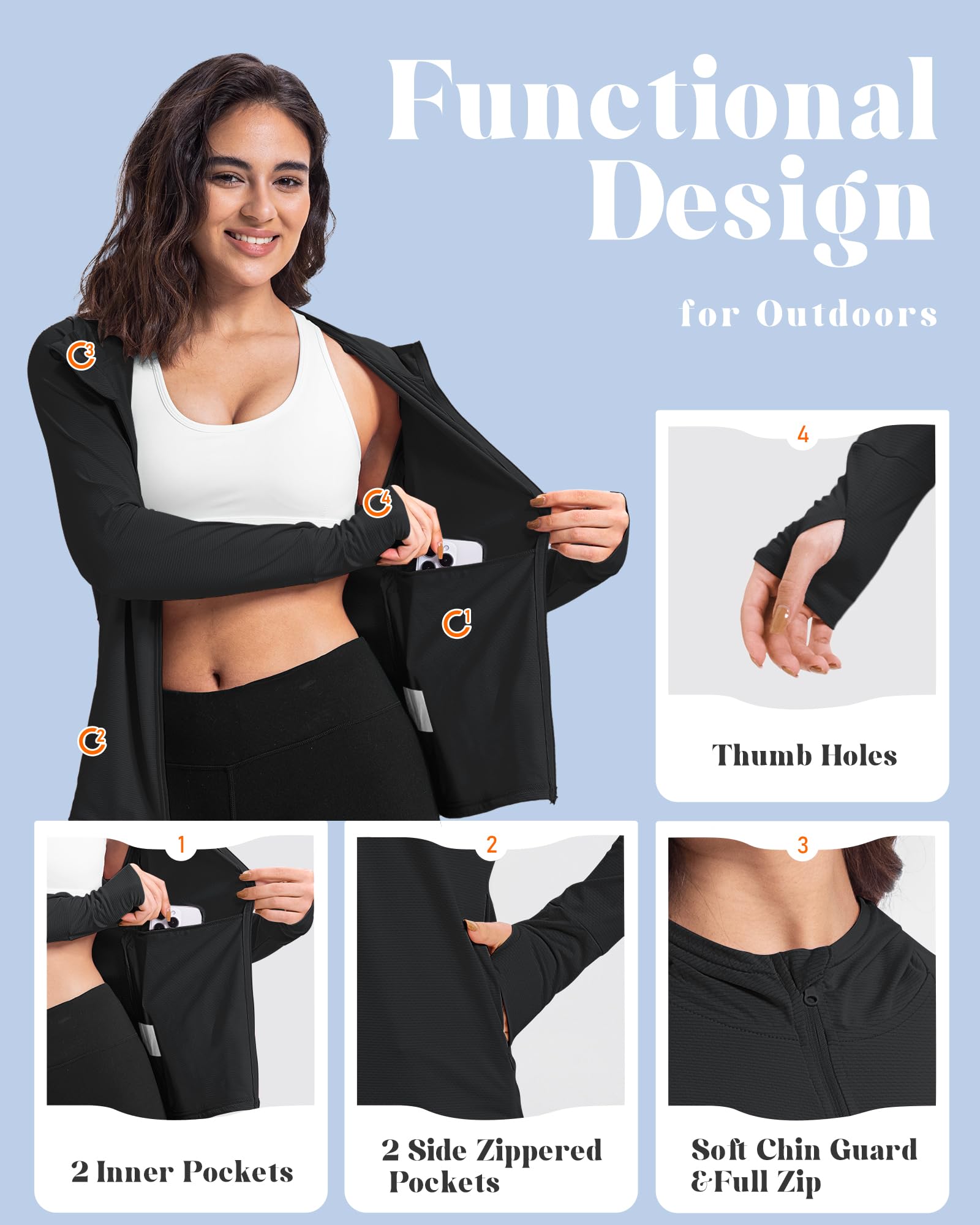 33,000ft Veste de course légère pour femme, veste de sport UPF 50+, sweat à capuche entièrement zippé, avec trou pour les pouces, veste de survêtement respirante avec 4 poches pour la course à pied