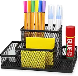 Porta Lápis Organizador de Mesa Caneta Clips Lembrete Multifuncional em Metal Preto com Divisórias para Escritório, Escola e Home Office