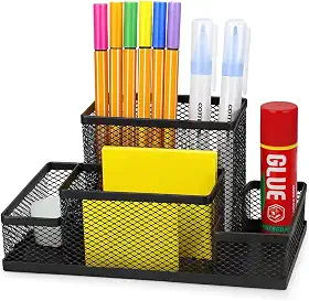 Porta Lápis Organizador de Mesa Caneta Clips Lembrete Multifuncional em Metal Preto com Divisórias para Escritório, Escola e Home Office