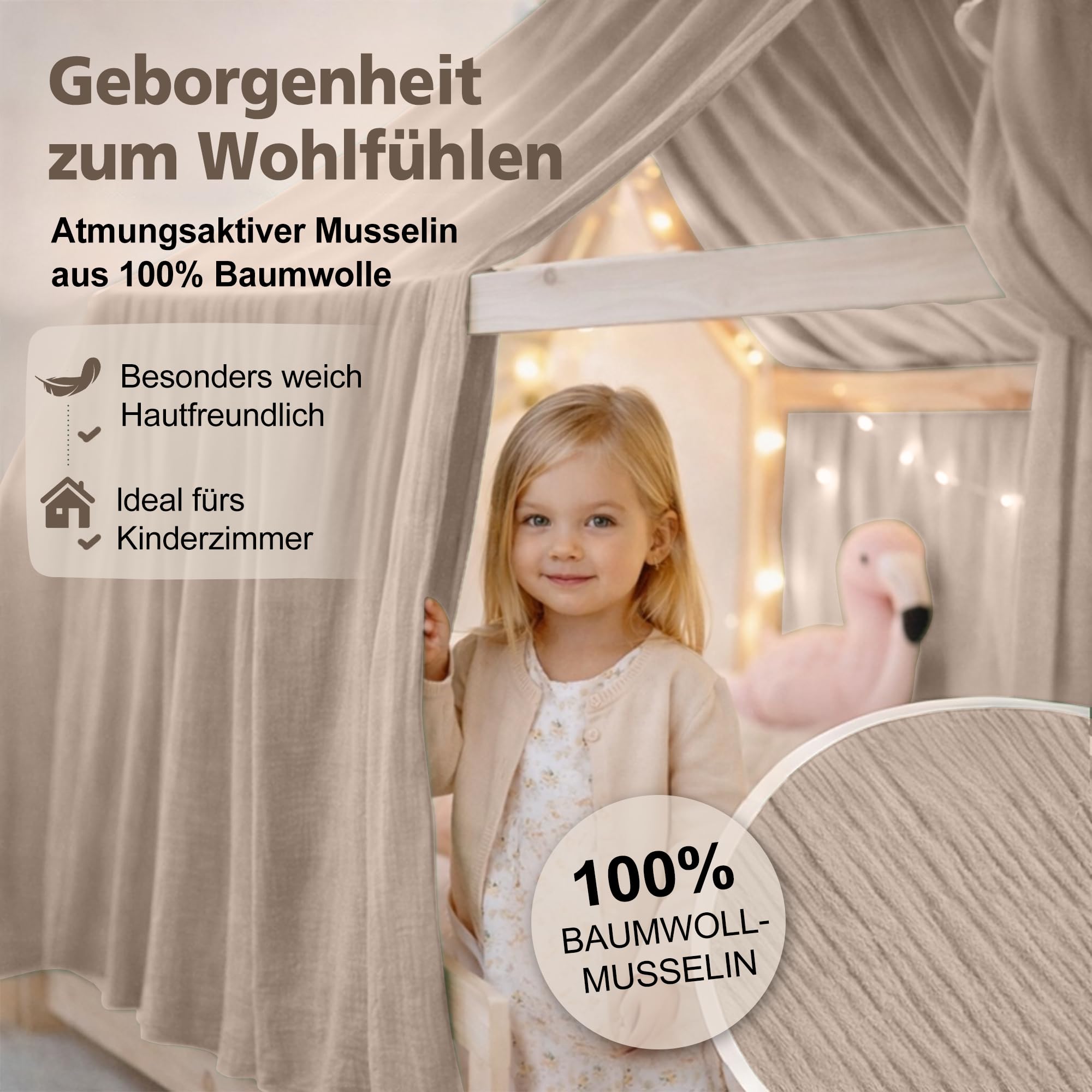 Hausbett Himmel Kinder Betthimmel Kinderbett mit 3m Wimpelkette, Hellgrau | Betthimmel Hausbett aus 100% Baumwolle Musselin - Stoffhimmel für Hausbett Deko Mädchen & Jungen - Himmel für Hausbett Kinder