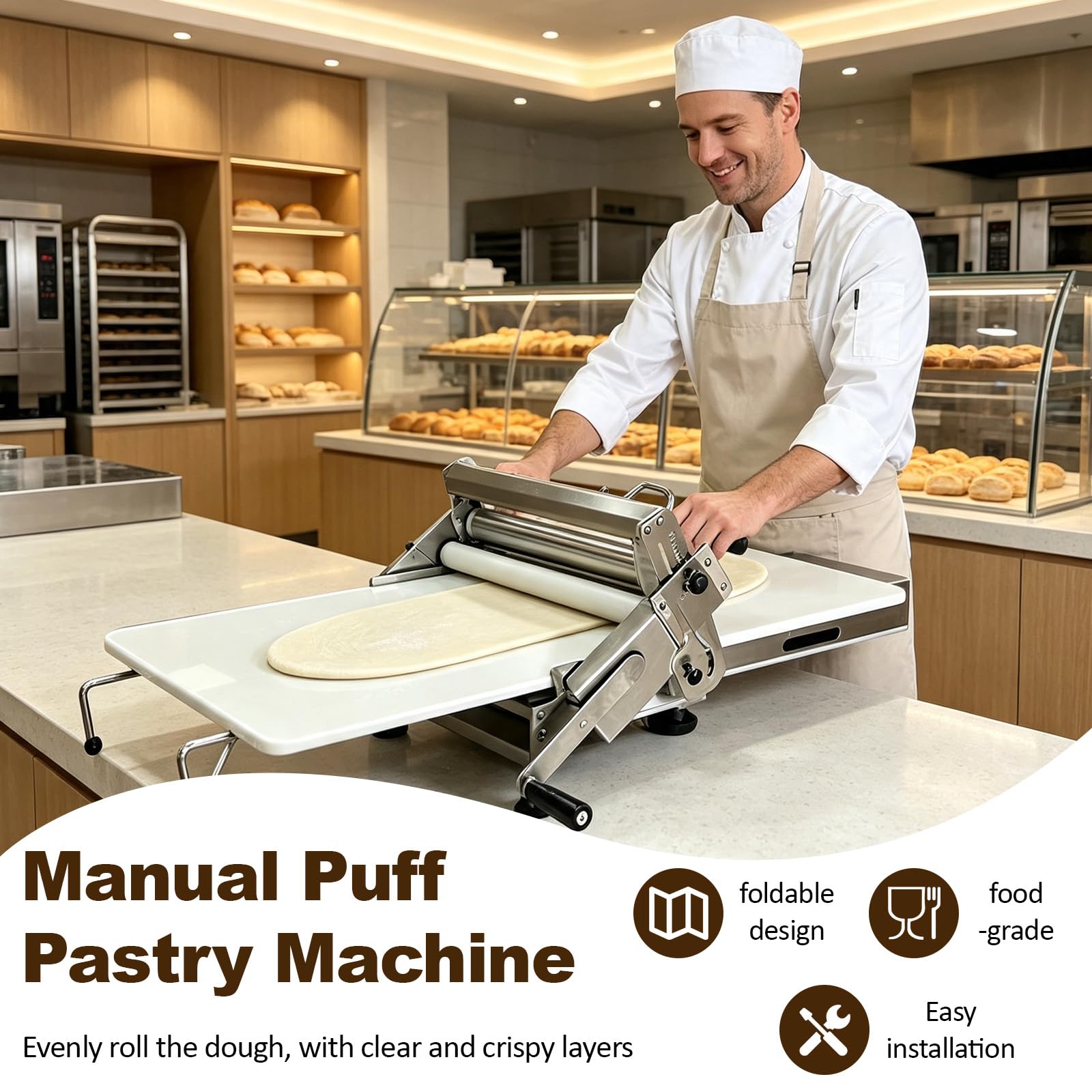 Macchina per sfogliare l'impasto, rullo a manovella in acciaio inox, spessore regolabile per panetteria commerciale e pizza