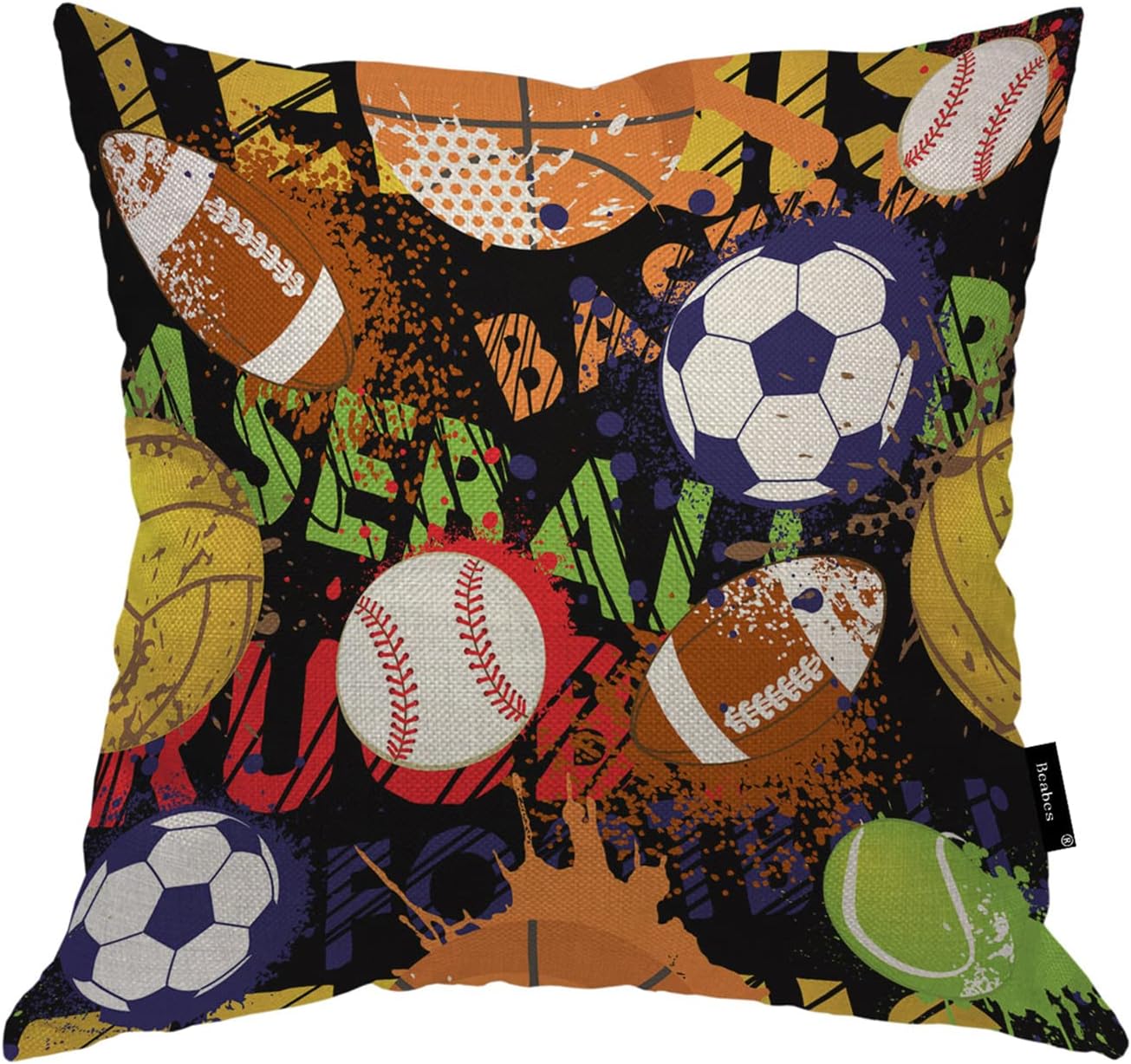 18x18 Inch Cushion Case Decor Sport Balls, Graffiti Basketball Baseball Soccer Balls Farmhouse Throw Pillow Cover Home Pillowcase Decorations for Sofa Couch Office Car 18" x 18" (Pack of 1) Sport Balls