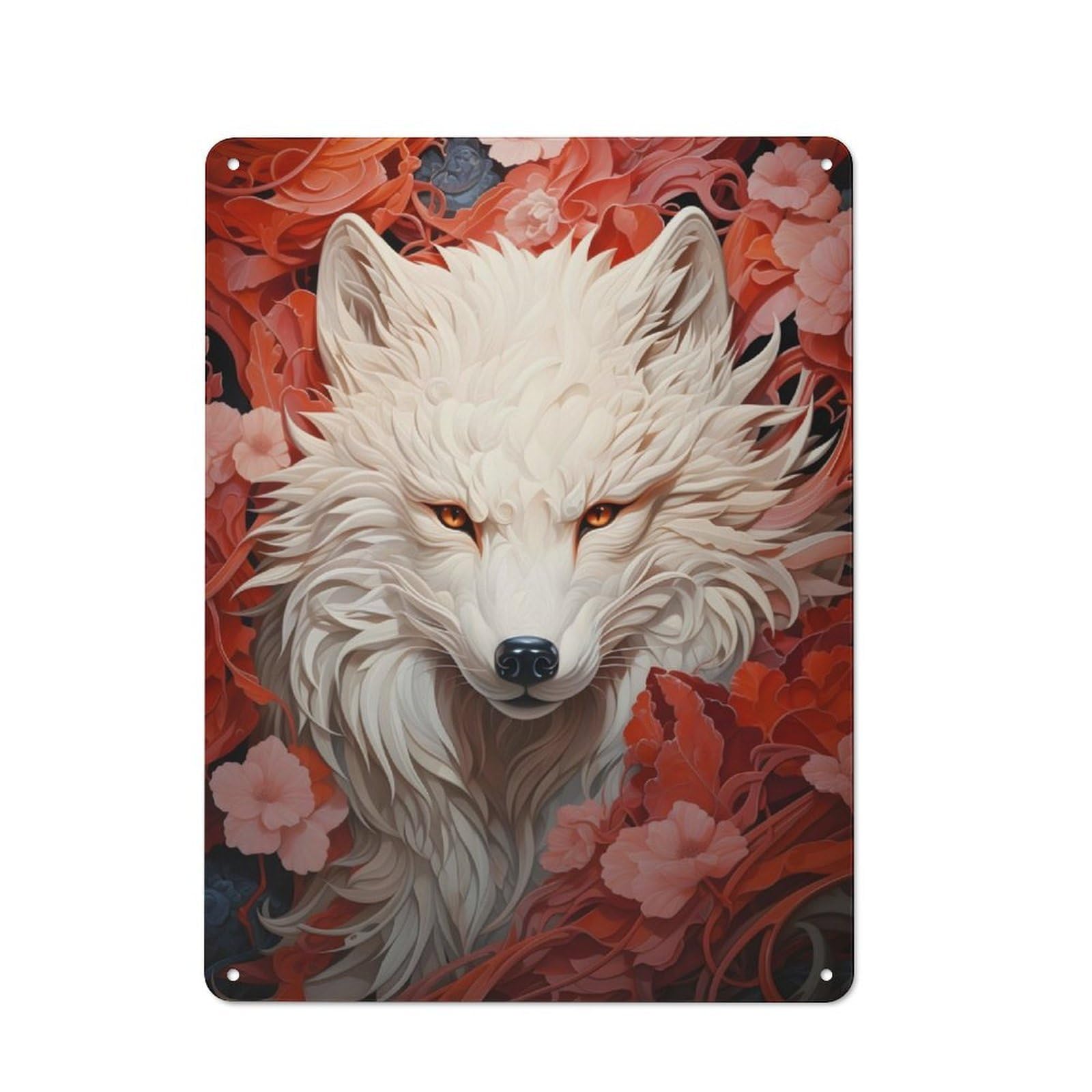 Junmoney White Wolf In Red Flowers For Man Cave Or Games Room, Retro Tin Sign 40X30cm, A Christmas Gift For People Styling Man Cave And Games Room