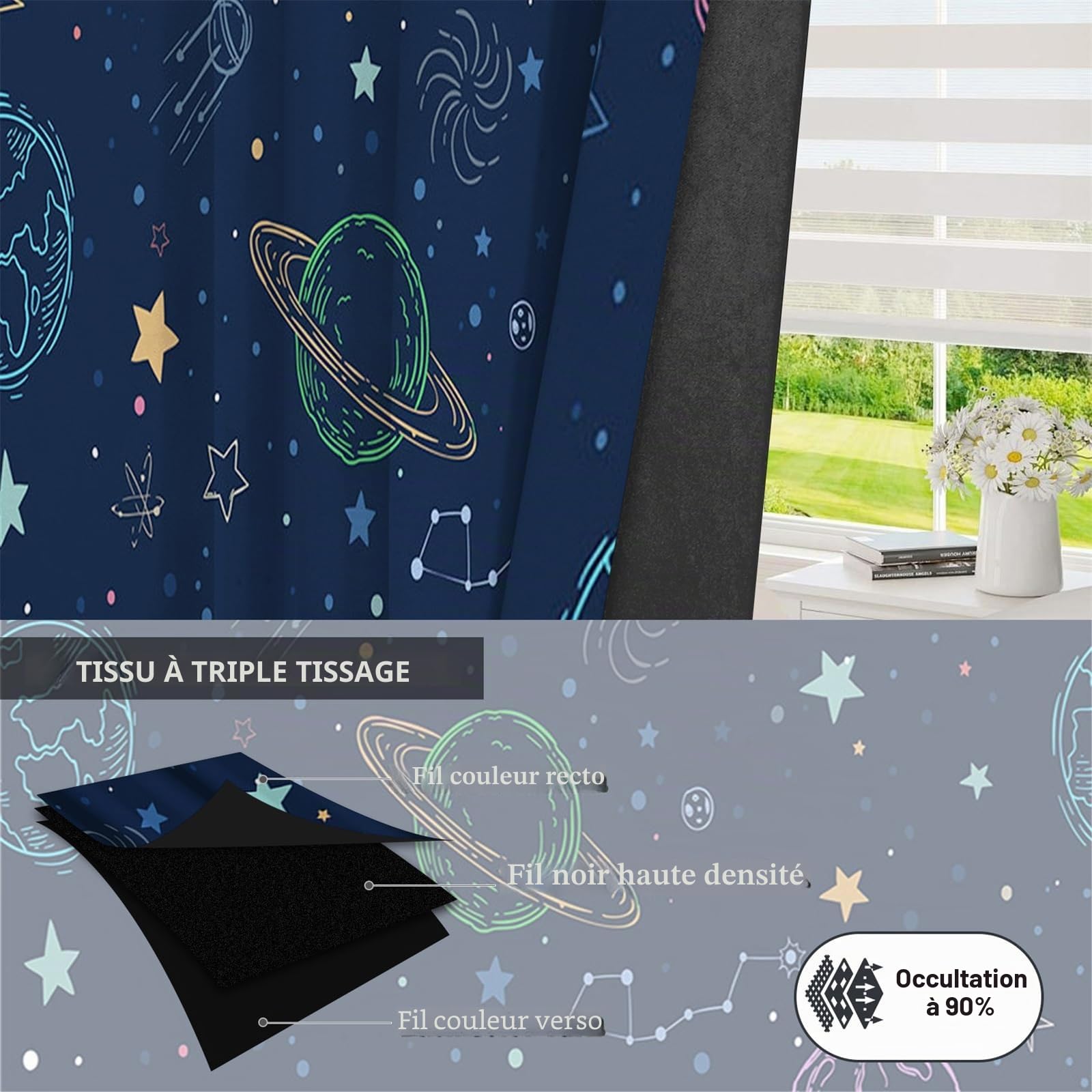 Rideaux occultants Bleu Marine 117x229cm, Motif étoiles et planètes, Style Galaxie, pour Chambre d'enfant, décoration de fenêtre, Isolation Thermique, 2 Panneaux