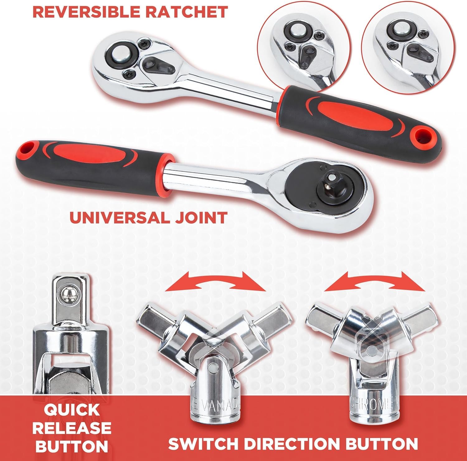 53 Items 1/4-inch Metric/6-Point/4-MM14 Ratchet Socket Wrench Set Drive, Bit Socket, Extension Bar, Universal Joint Hand tools at home Hardware Tool Kit for Auto, Motorcycle, and Repair Hex Tool Box 3