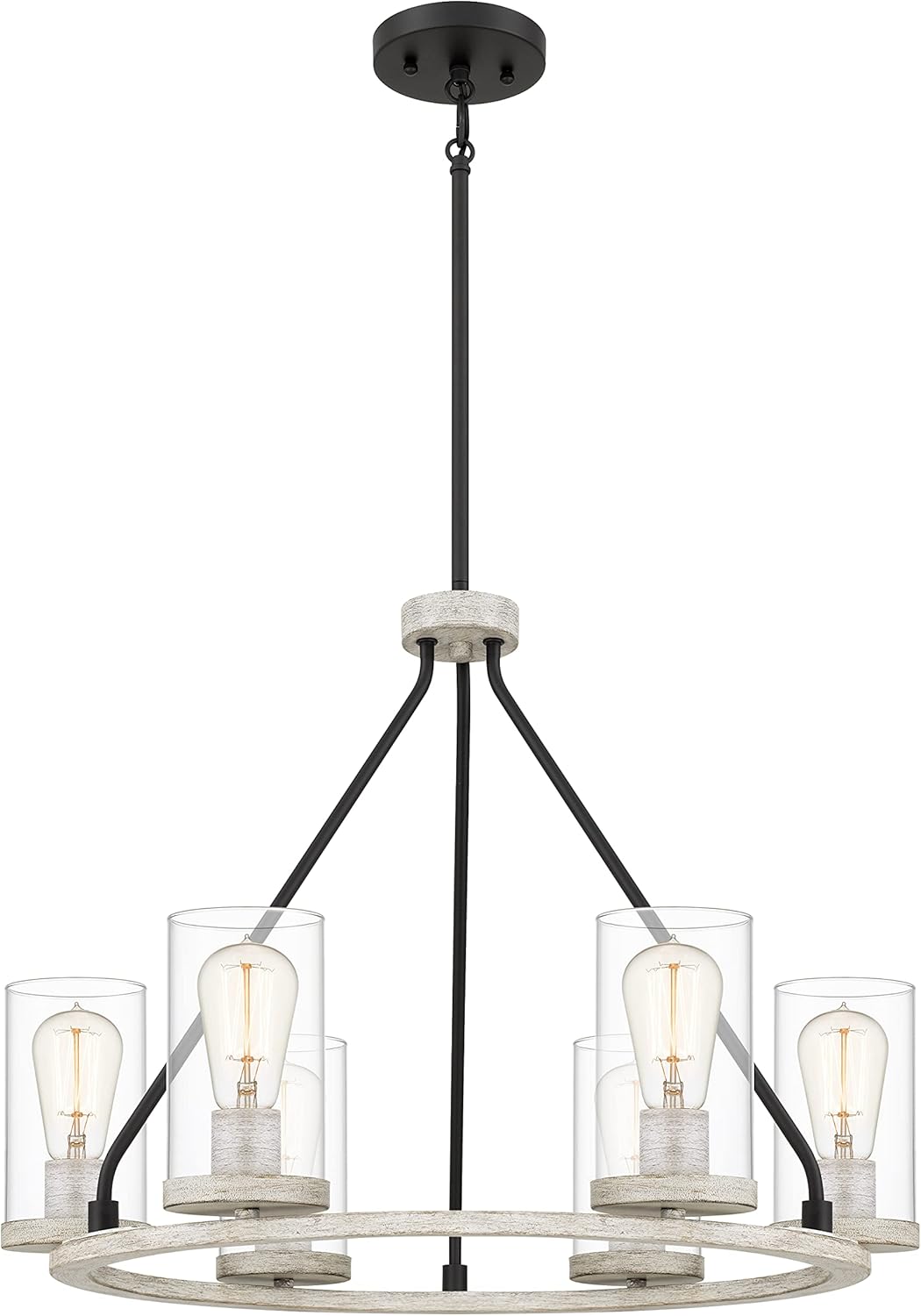 Tawson Haba Modern 6-Light Chandelier Pendant Ceiling Light Fixture Hand Painted Wood with Clear Glass Shade Adjustable Height for Hallway, Dining Room, Bedroom, Living Room