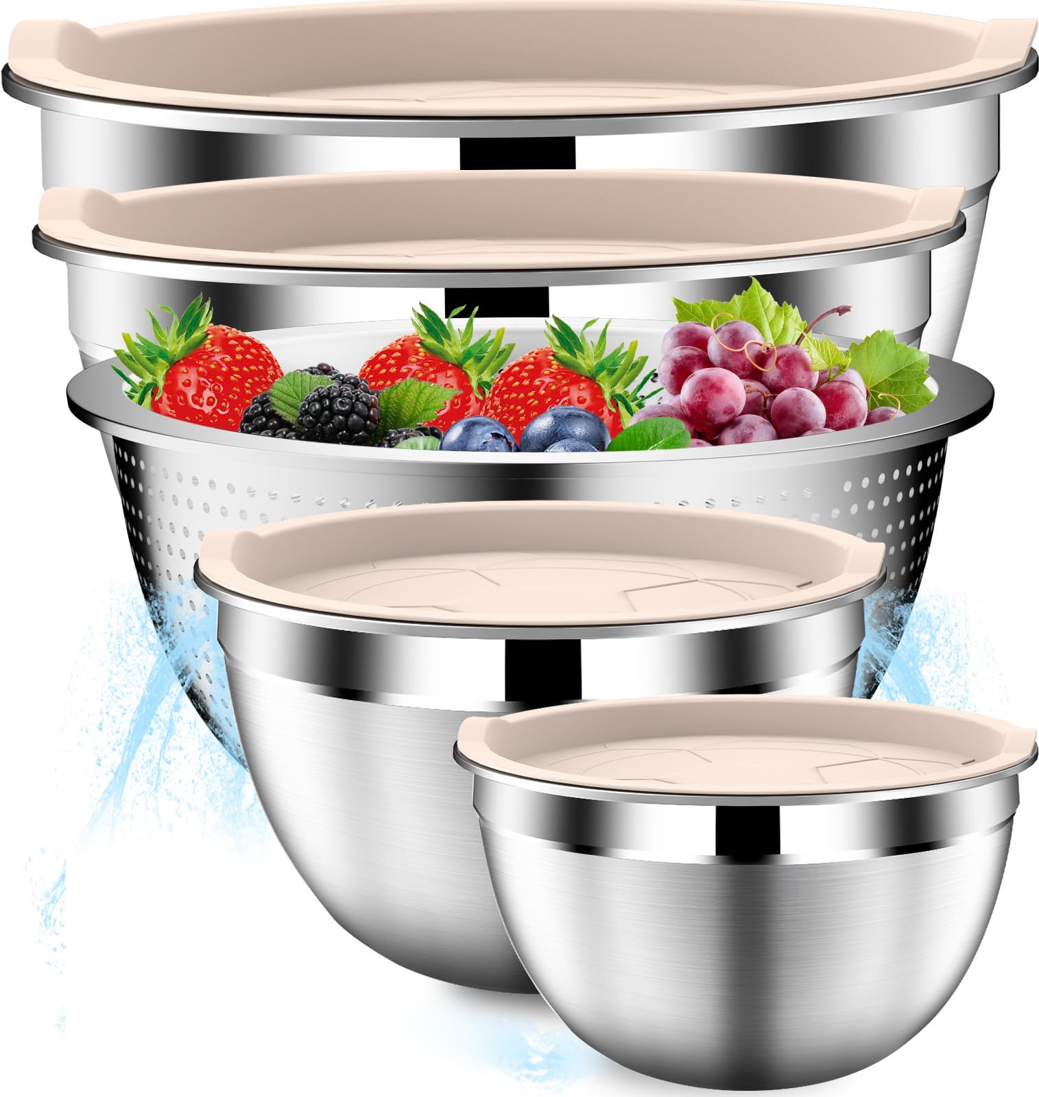 Stainles Steel Mixing Bowls with Lids Set, Stackable Metal Mixing Bowl with Strainer, 5-Piece - Beige