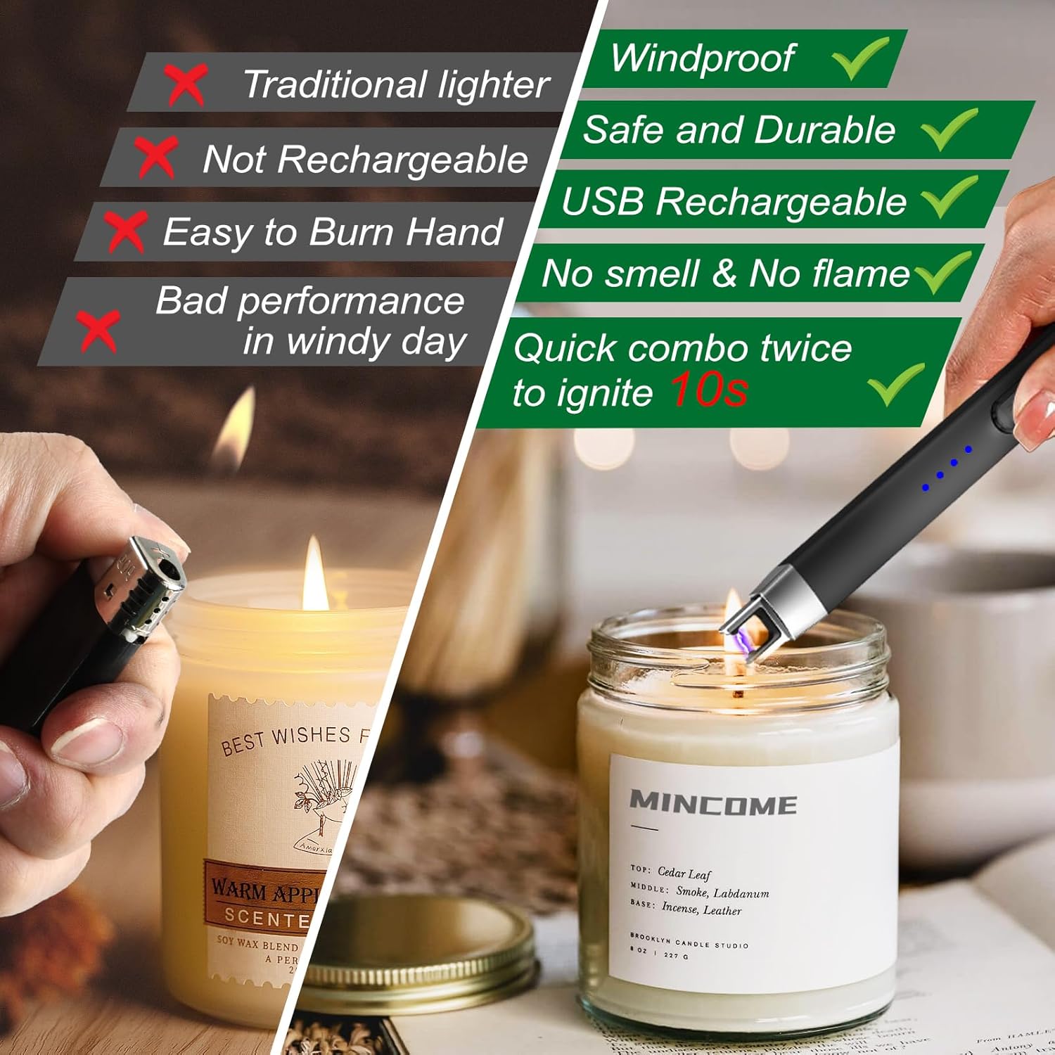 Candle Lighter, Rechargeable USB Long Lighters, with LED Power Display ＆ Safety Switch, Arc Electric Lighters for Candle Birthday Camping BBQ (Black) - Image 3