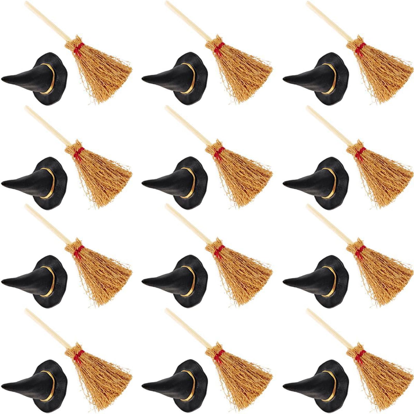 Kalttoy Of 24 Miniature Witch Hat and Broomsticks Decorations Decorative PVC Craft Ornament for Festival Celebration PVC Halloween Decoration Accessories