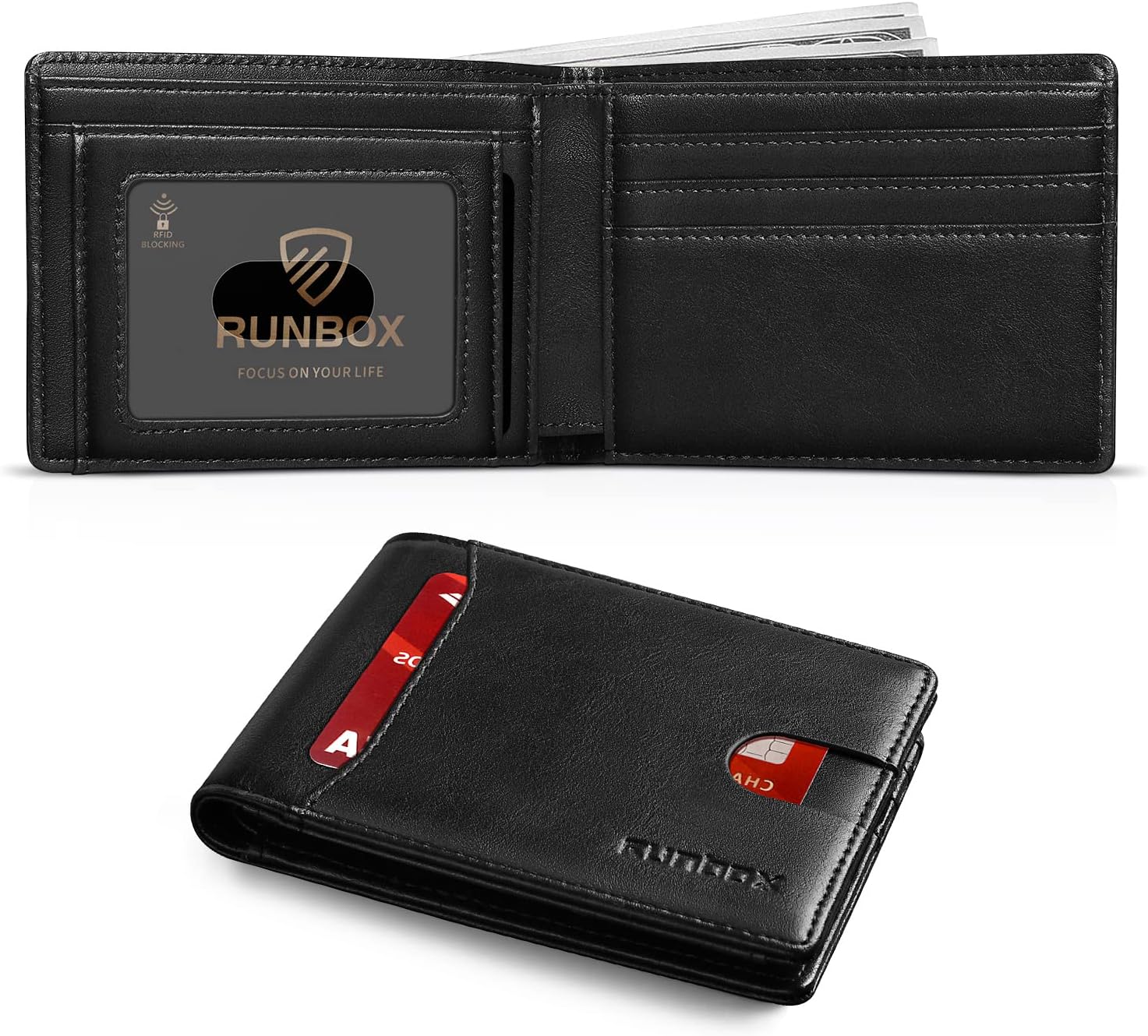 RUNBOX Top Layer Genuine Cowhide Leather Wallet for Men Slim Men's Wallet Money Clip RFID Wallet Gift Box, 1st